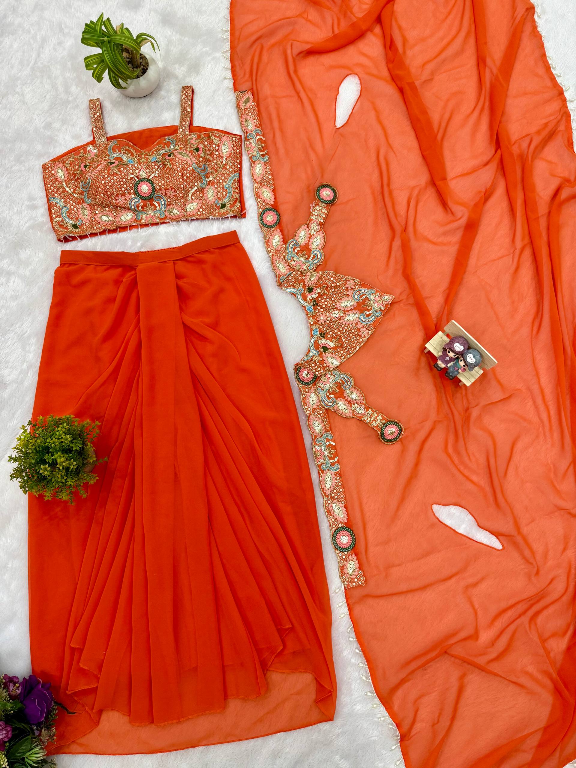 DESIGNER INDOWESTERN WITH FUL STITCH SHRUG AND BLOUSE