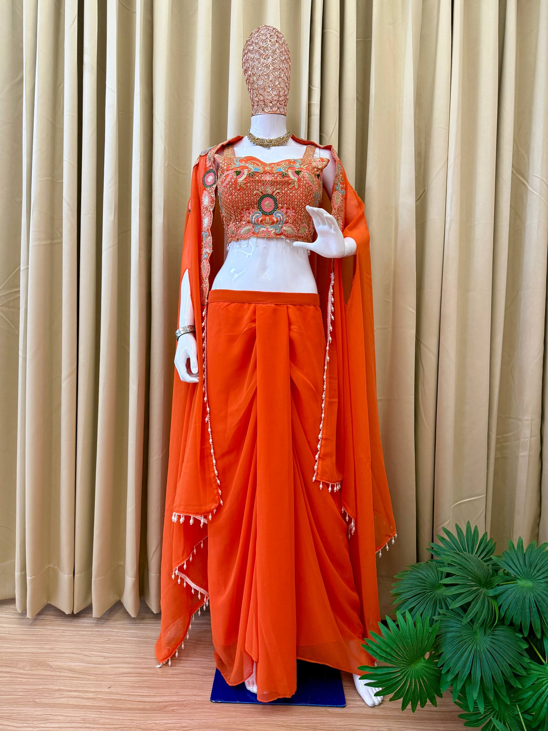 DESIGNER INDOWESTERN WITH FUL STITCH SHRUG AND BLOUSE
