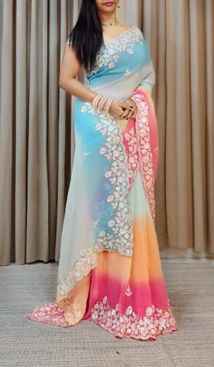 SHADED CRUSH SEQUINS WORK SAREE