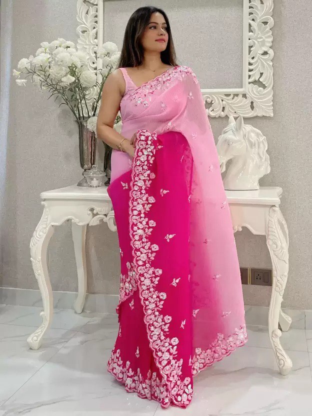 SHADED CRUSH SEQUINS WORK SAREE PINK