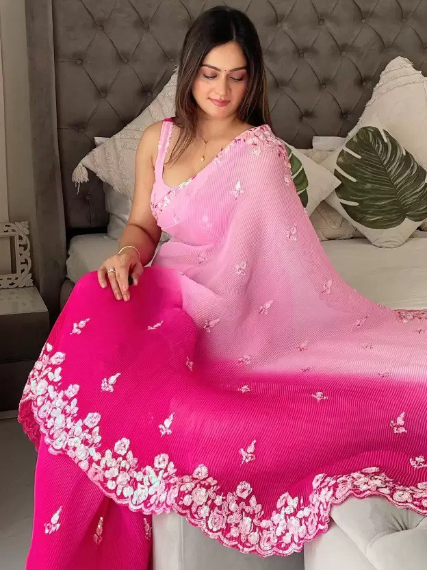 SHADED CRUSH SEQUINS WORK SAREE PINK