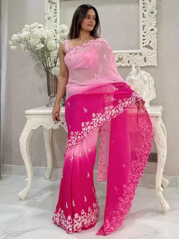 SHADED CRUSH SEQUINS WORK SAREE PINK