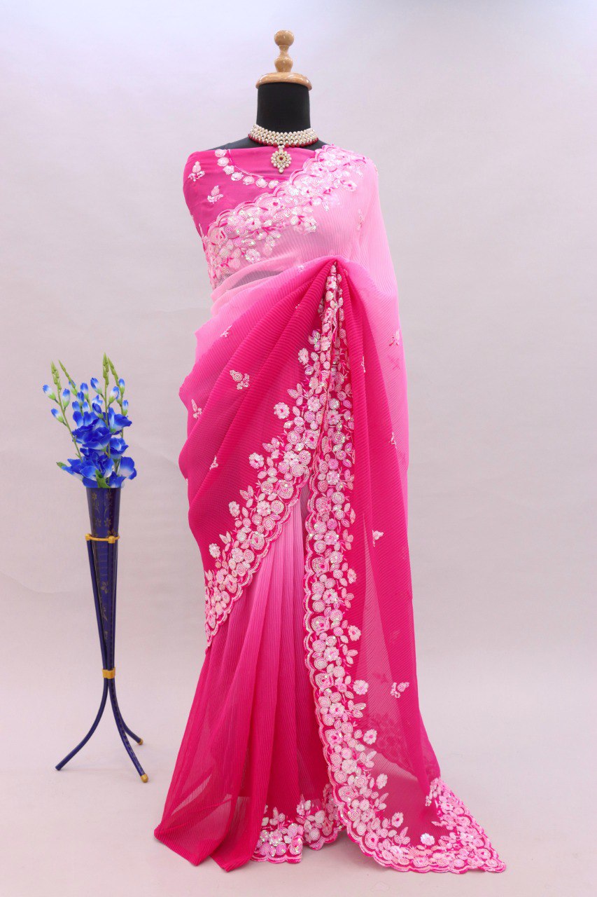 SHADED CRUSH SEQUINS WORK SAREE PINK