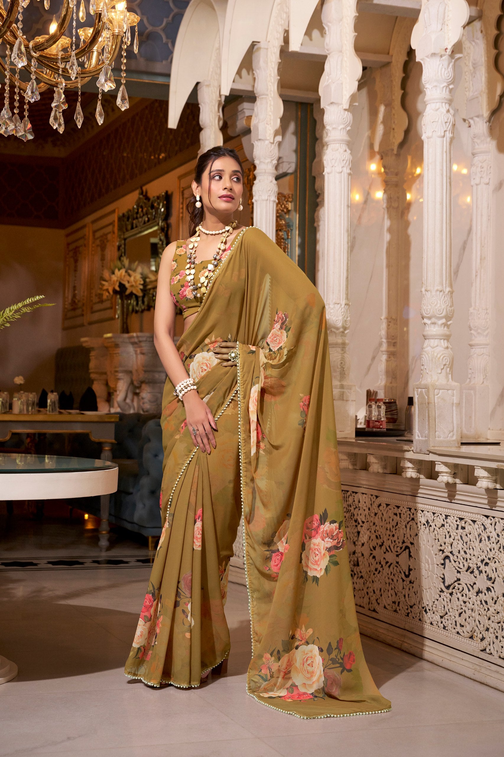 FLORAL SAREES WITH PEARL LACE BORDER