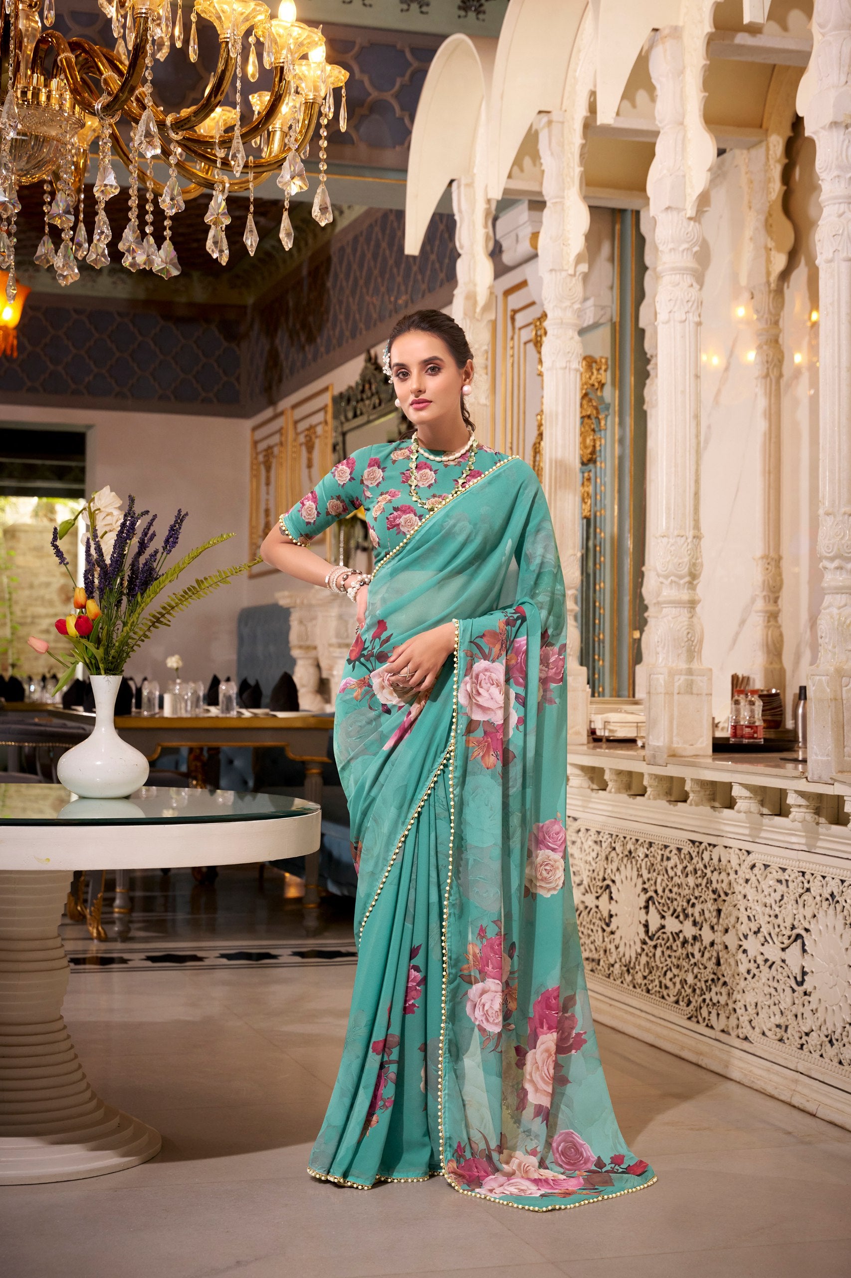 FLORAL SAREES WITH PEARL LACE BORDER