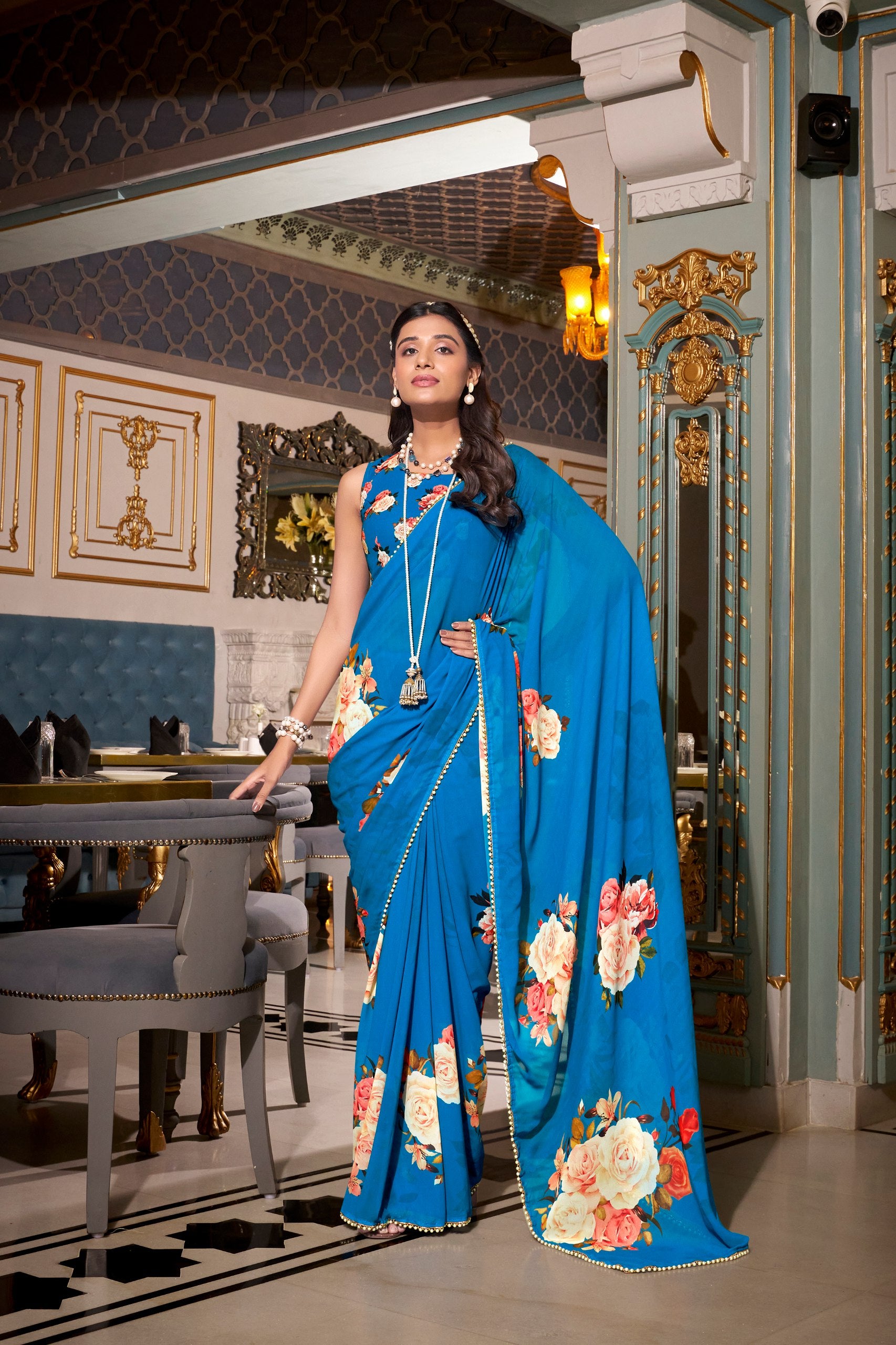 FLORAL SAREES WITH PEARL LACE BORDER