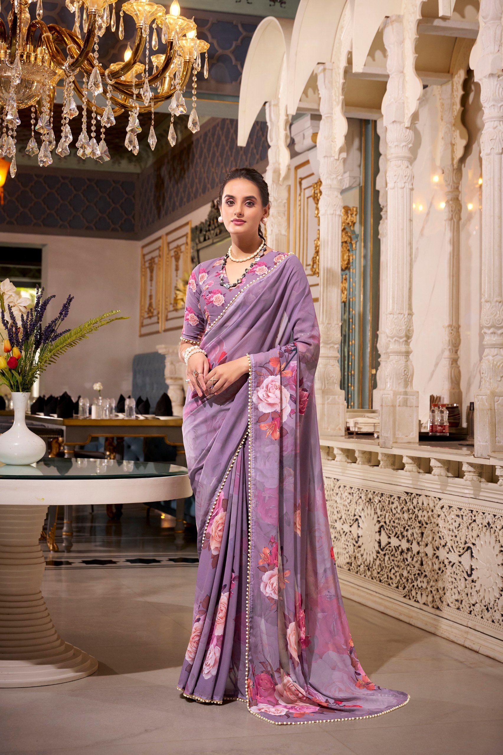 FLORAL SAREES WITH PEARL LACE BORDER