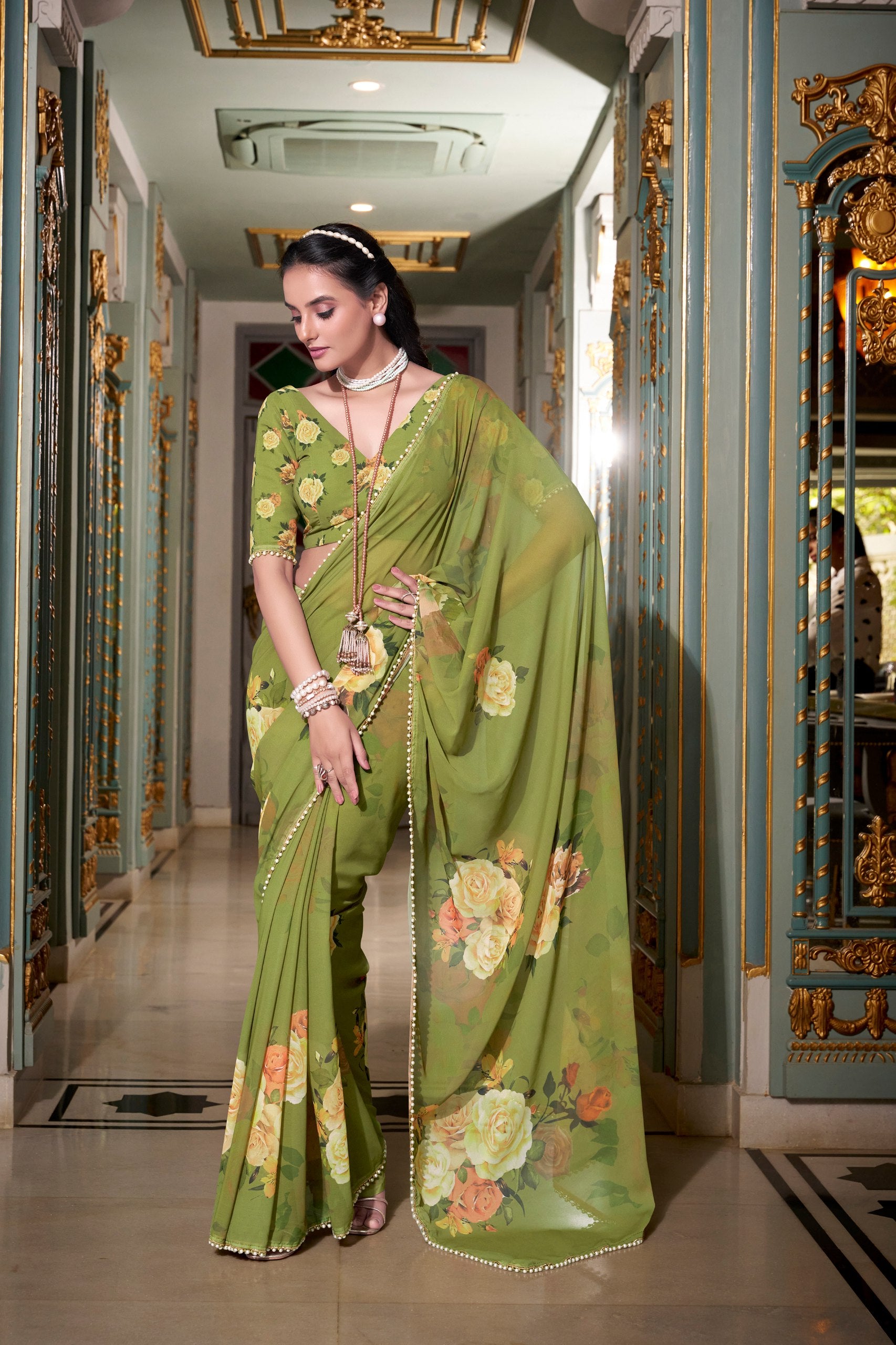 FLORAL SAREES WITH PEARL LACE BORDER