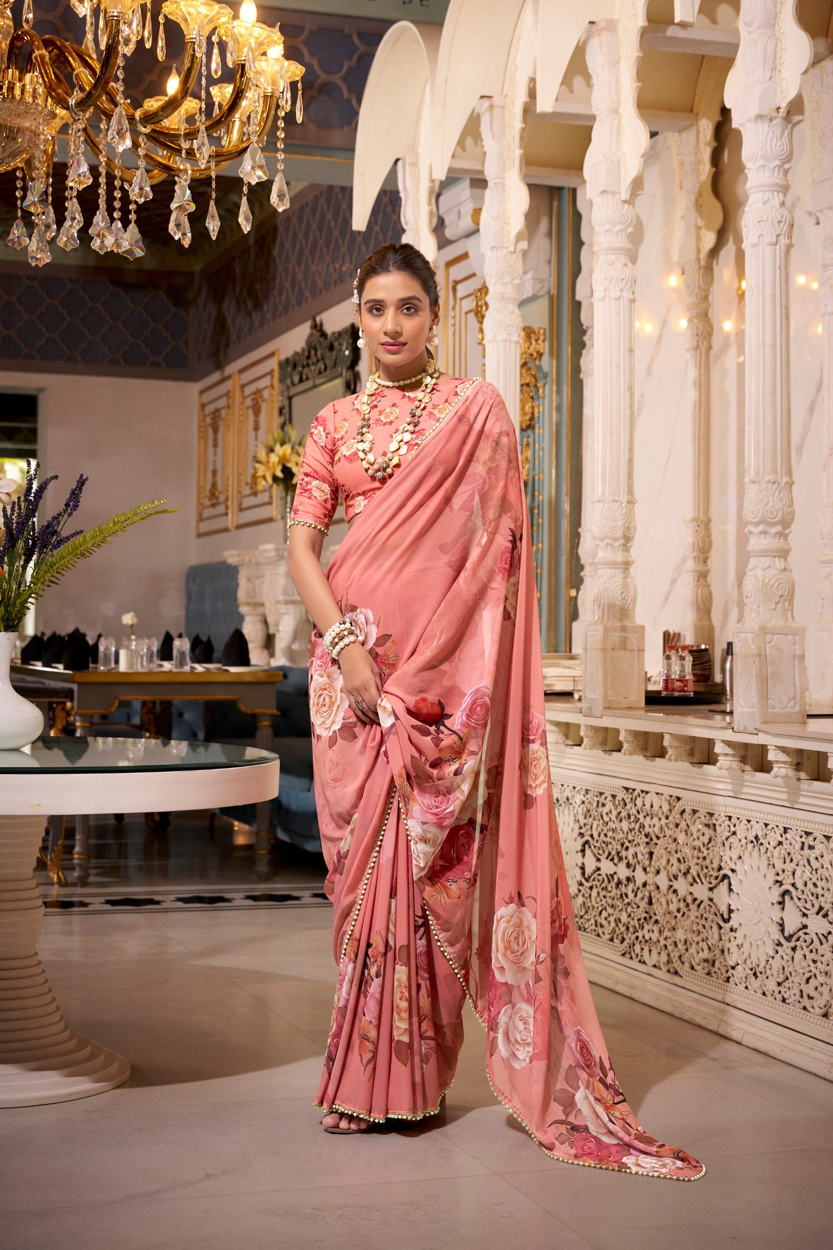 FLORAL SAREES WITH PEARL LACE BORDER