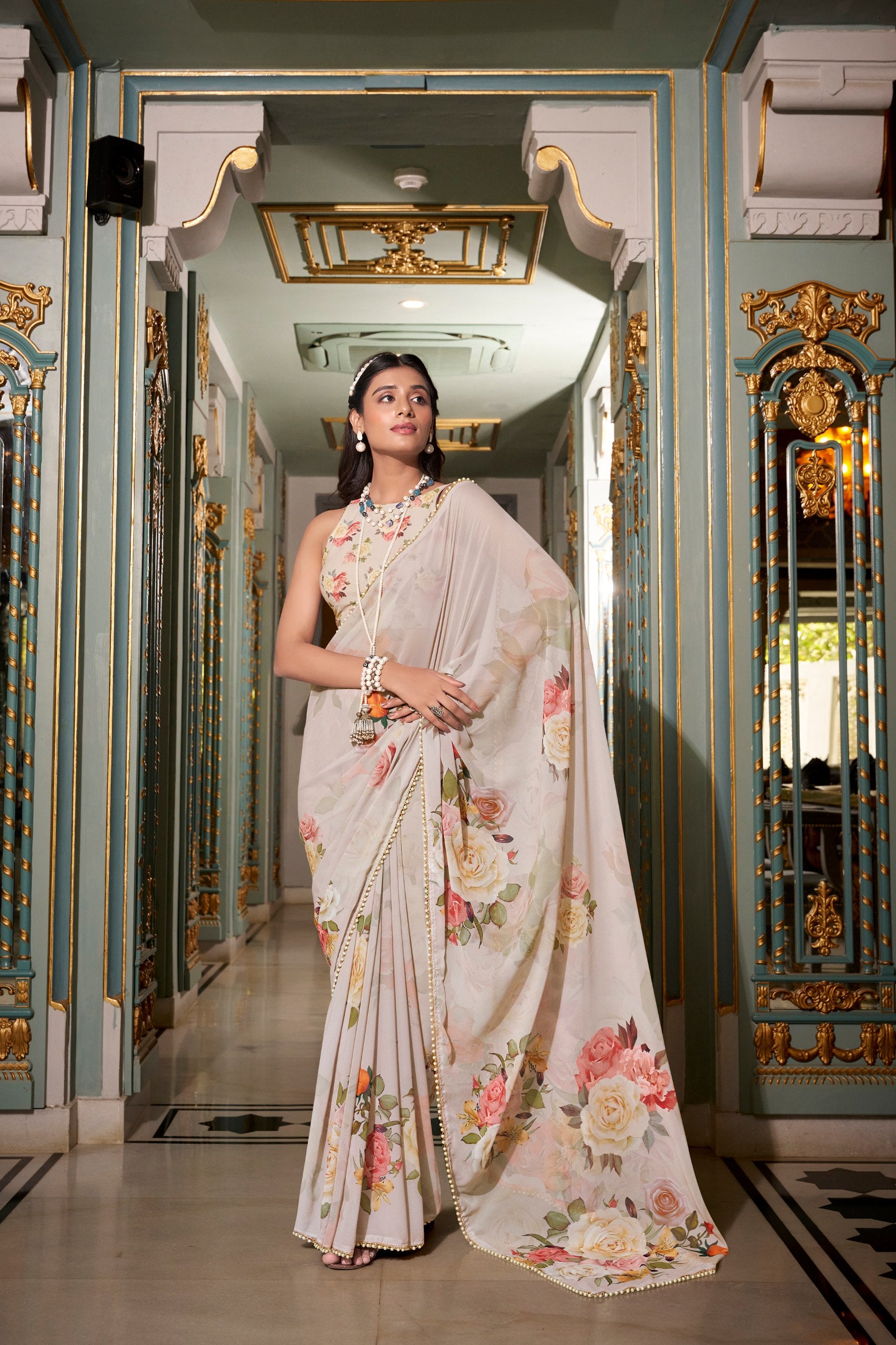 FLORAL SAREES WITH PEARL LACE BORDER