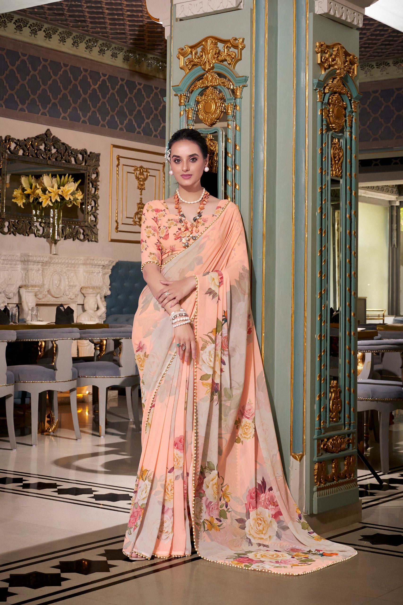 FLORAL SAREES WITH PEARL LACE BORDER