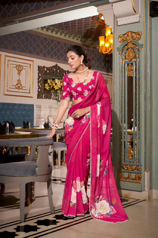 FLORAL SAREES WITH PEARL LACE BORDER