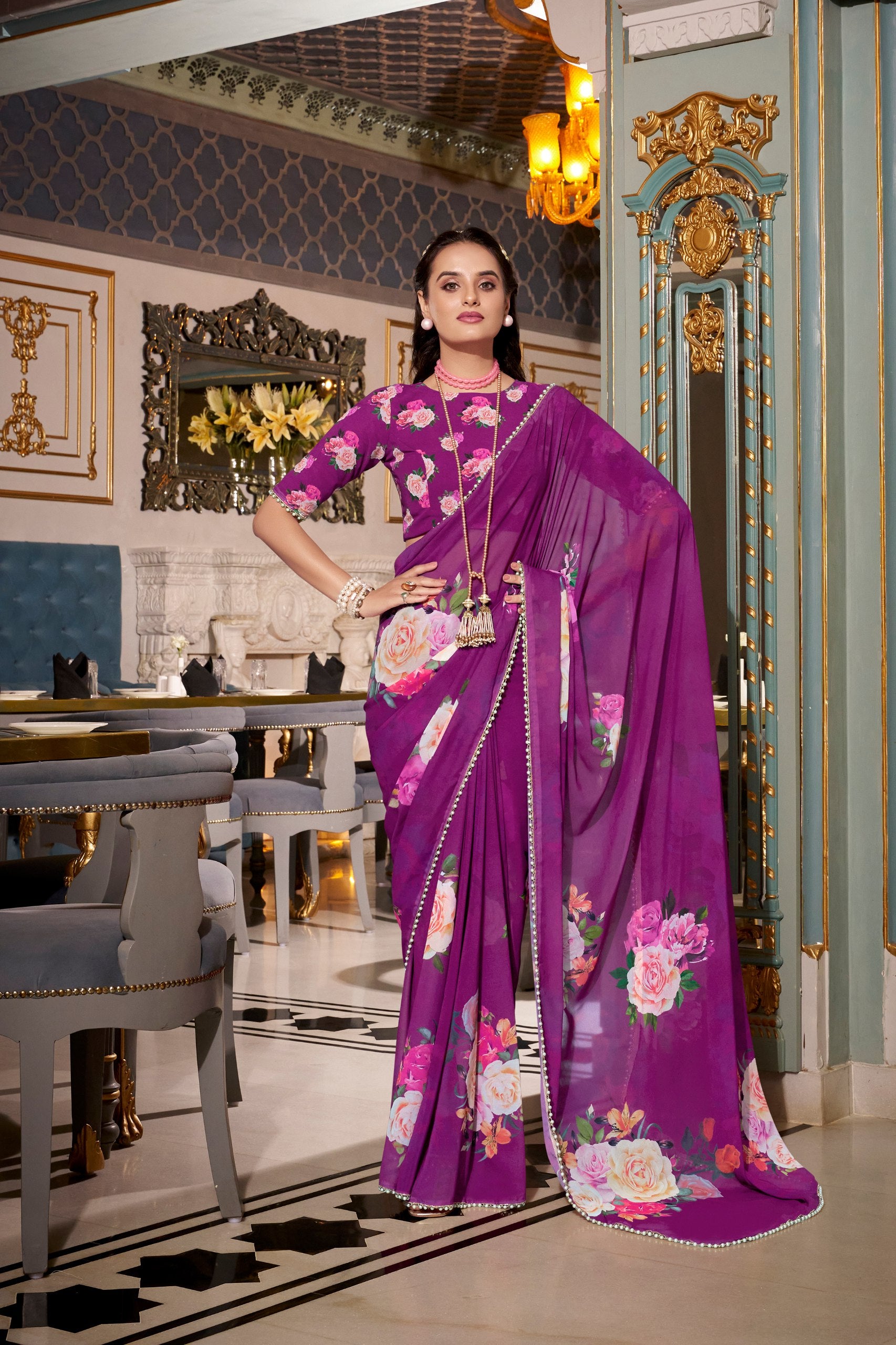 FLORAL SAREES WITH PEARL LACE BORDER