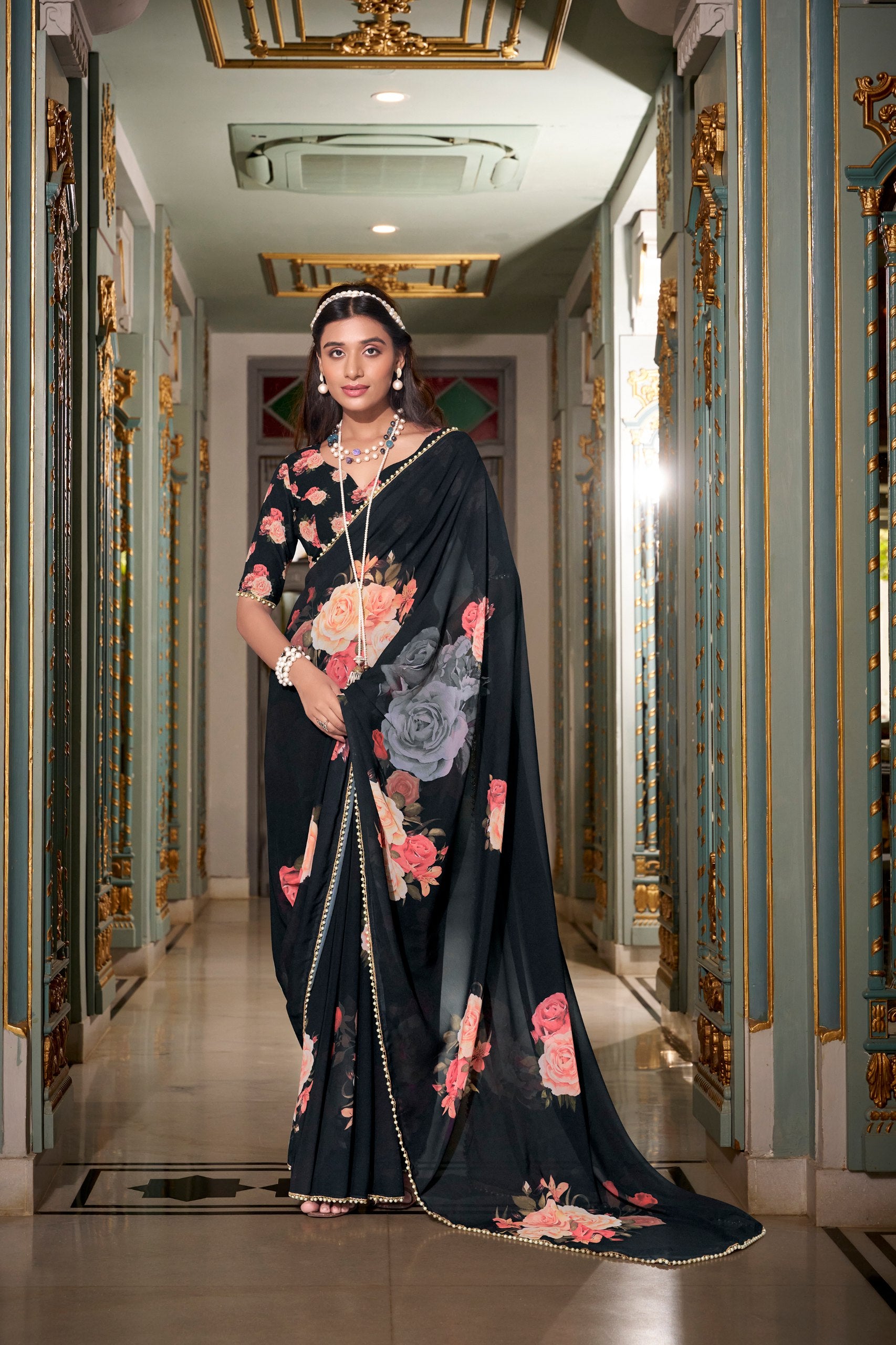 FLORAL SAREES WITH PEARL LACE BORDER