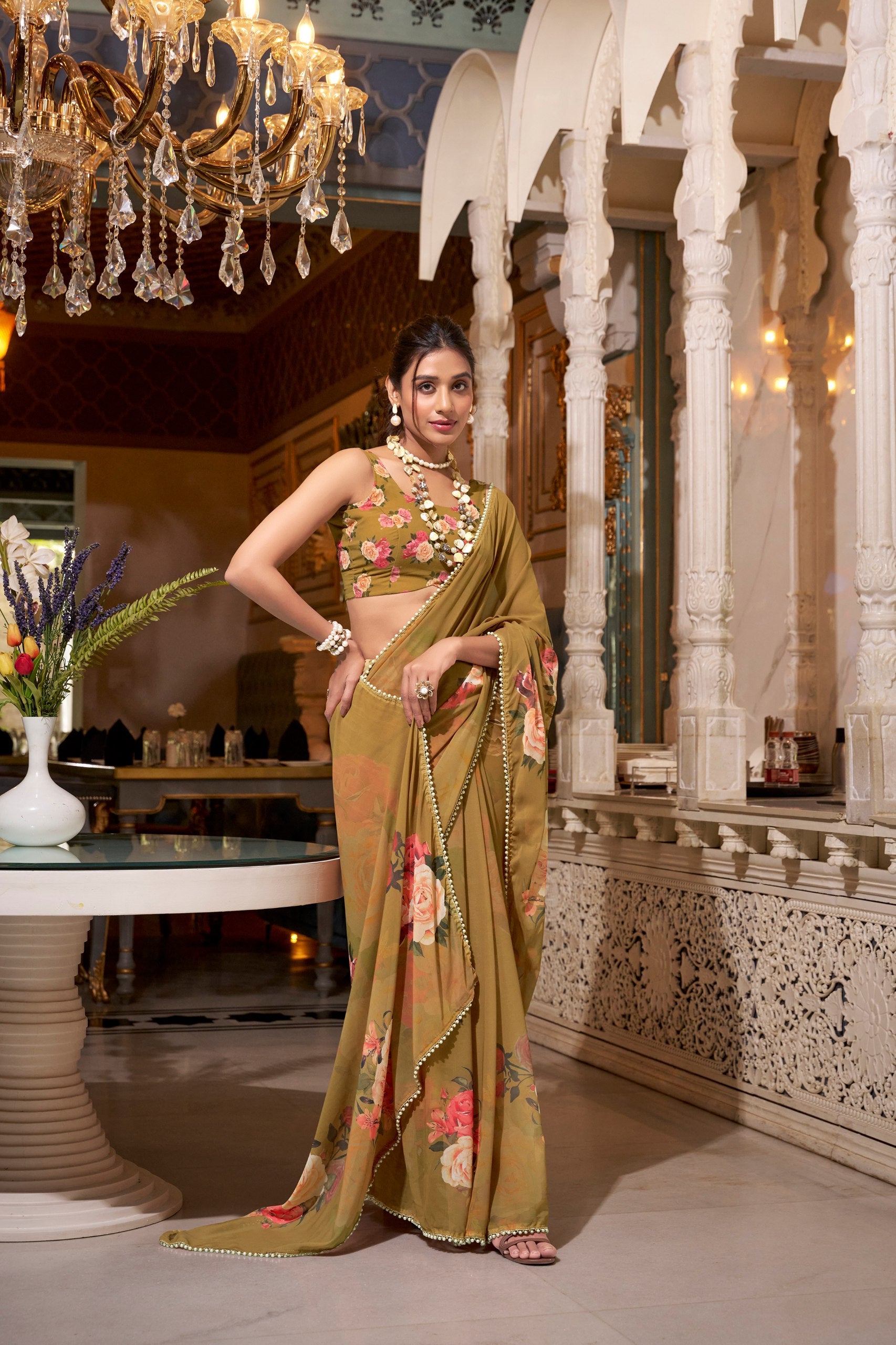 FLORAL SAREES WITH PEARL LACE BORDER