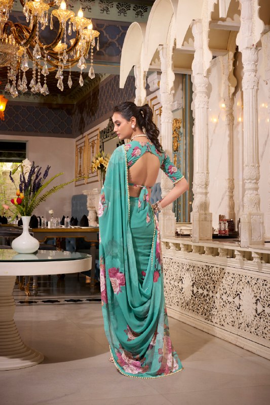 FLORAL SAREES WITH PEARL LACE BORDER
