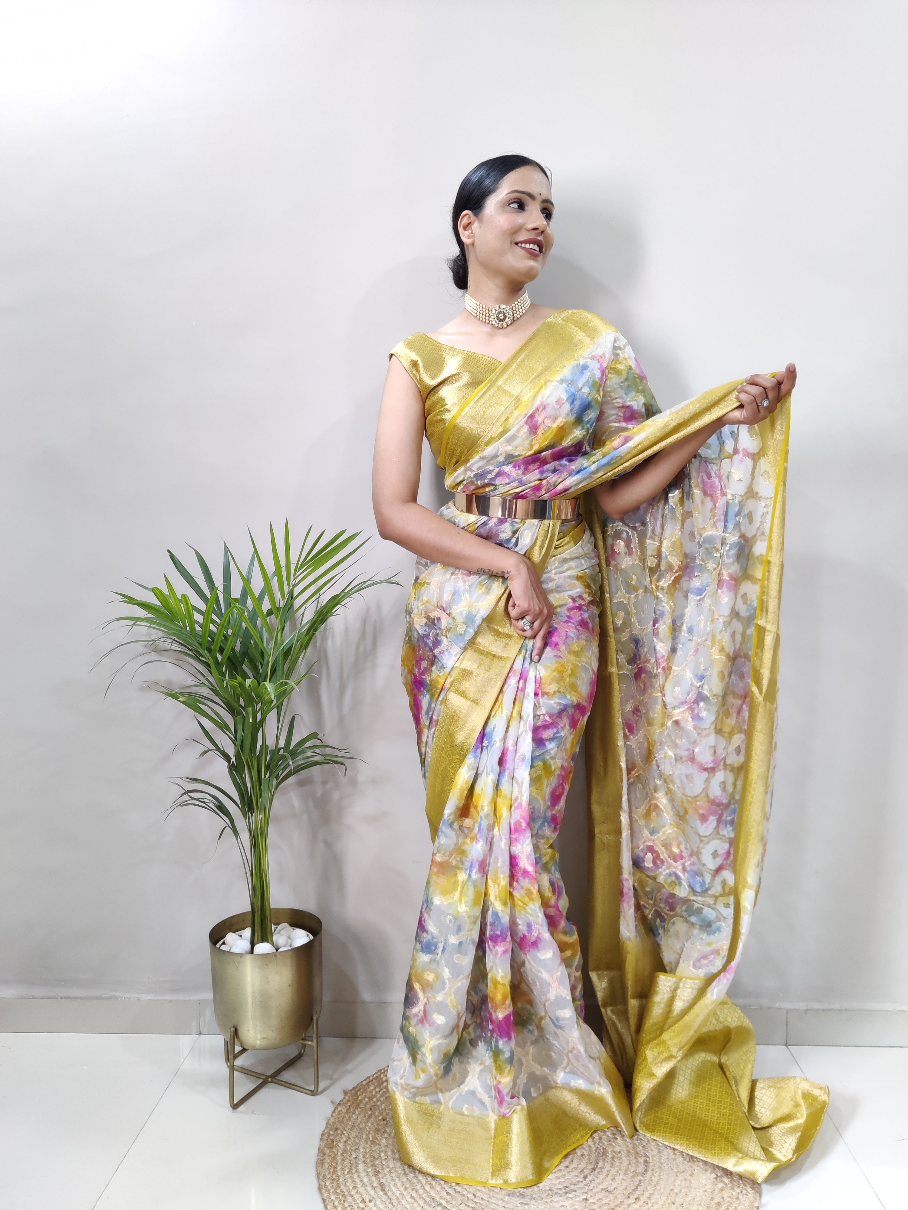 Multicolored 3D Print Banarasi Saree