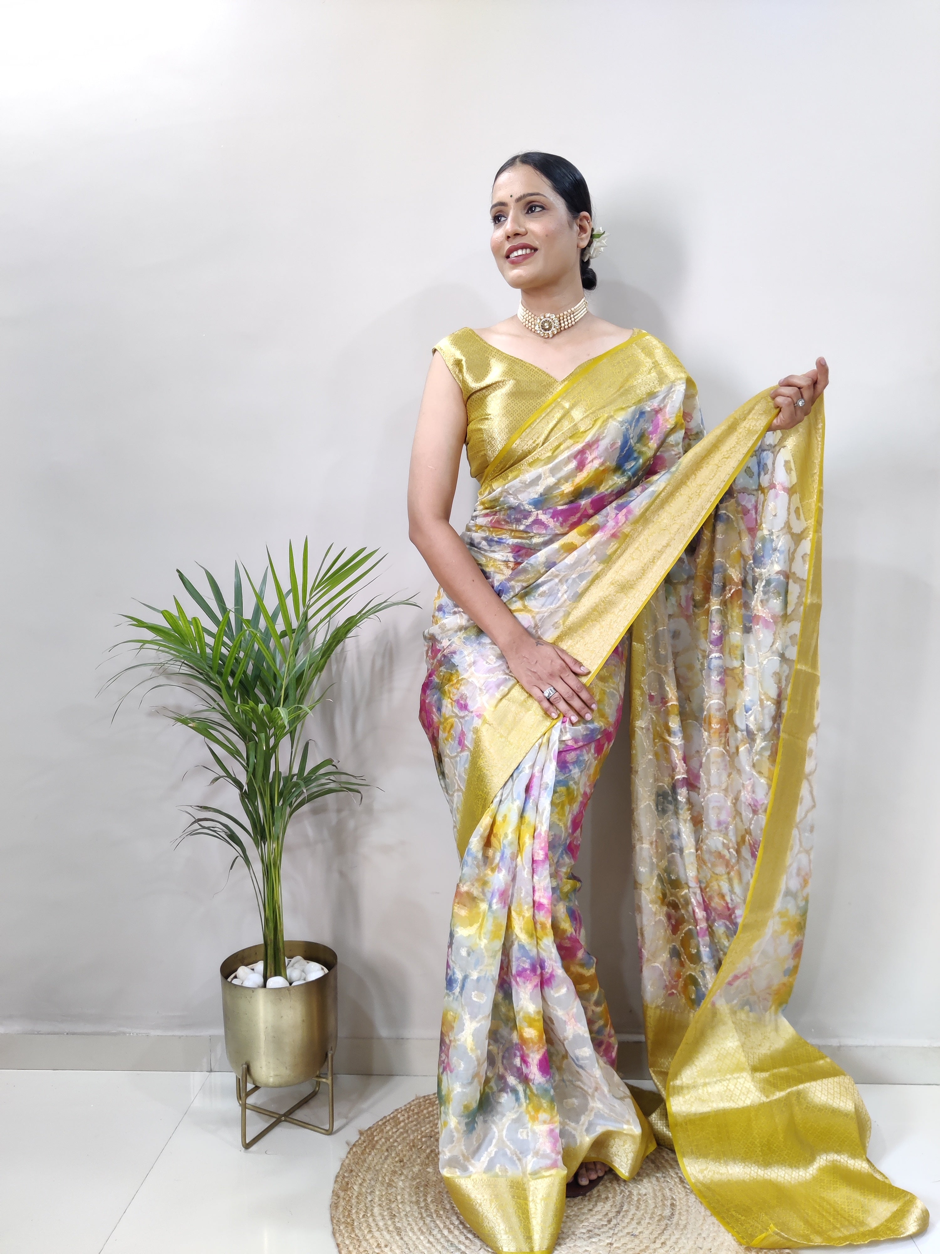 Multicolored 3D Print Banarasi Saree