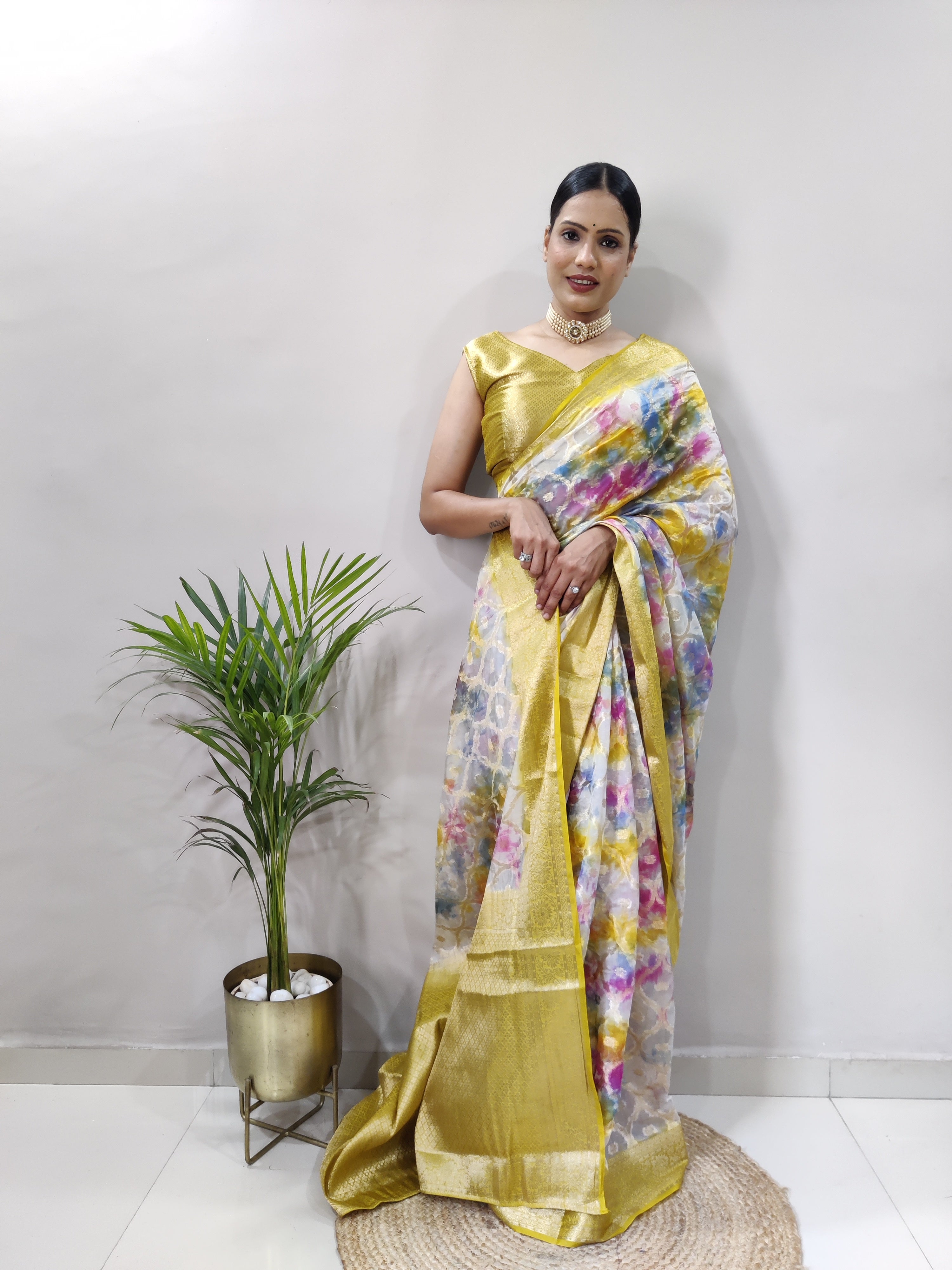Multicolored 3D Print Banarasi Saree