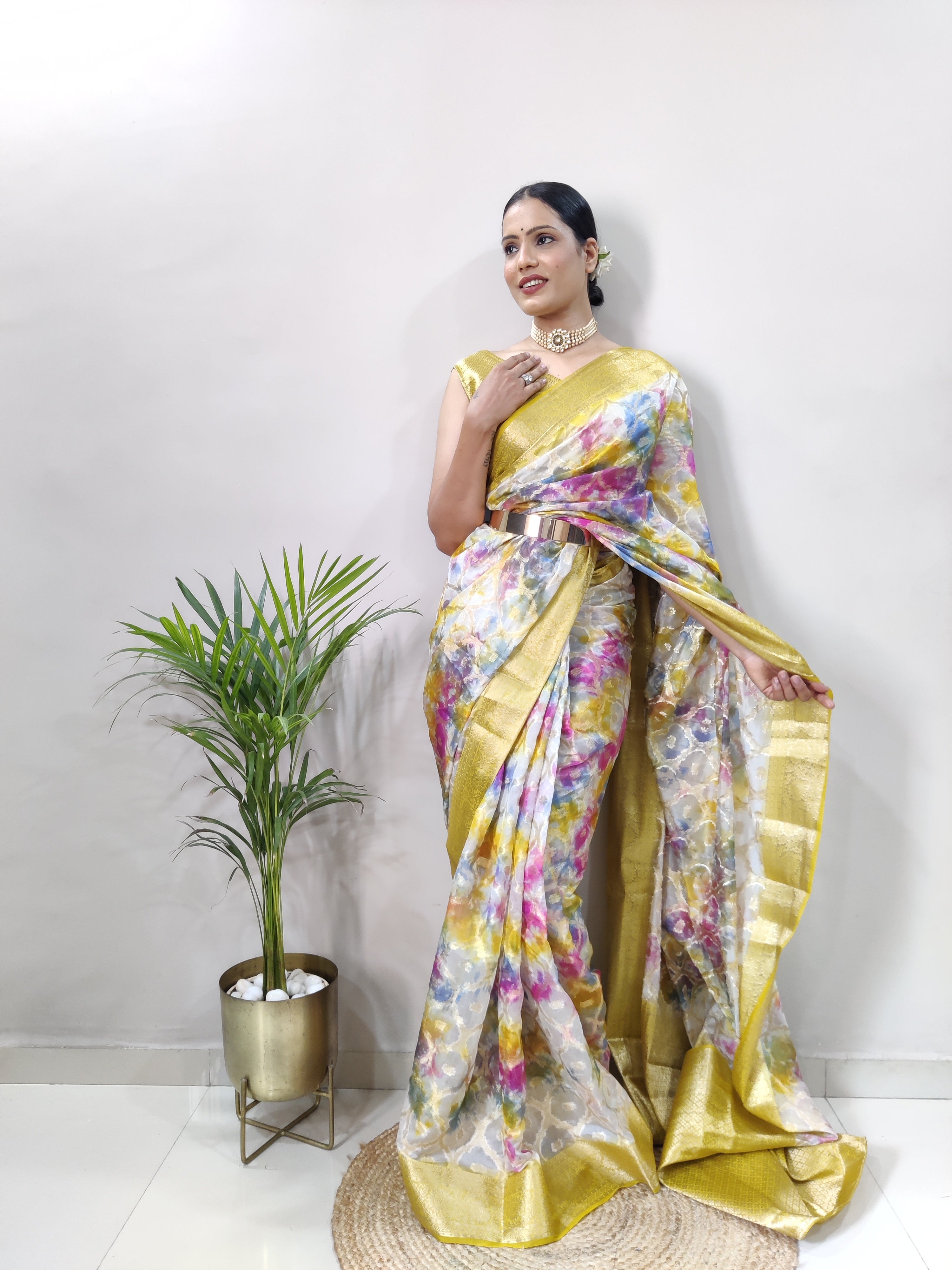 Multicolored 3D Print Banarasi Saree