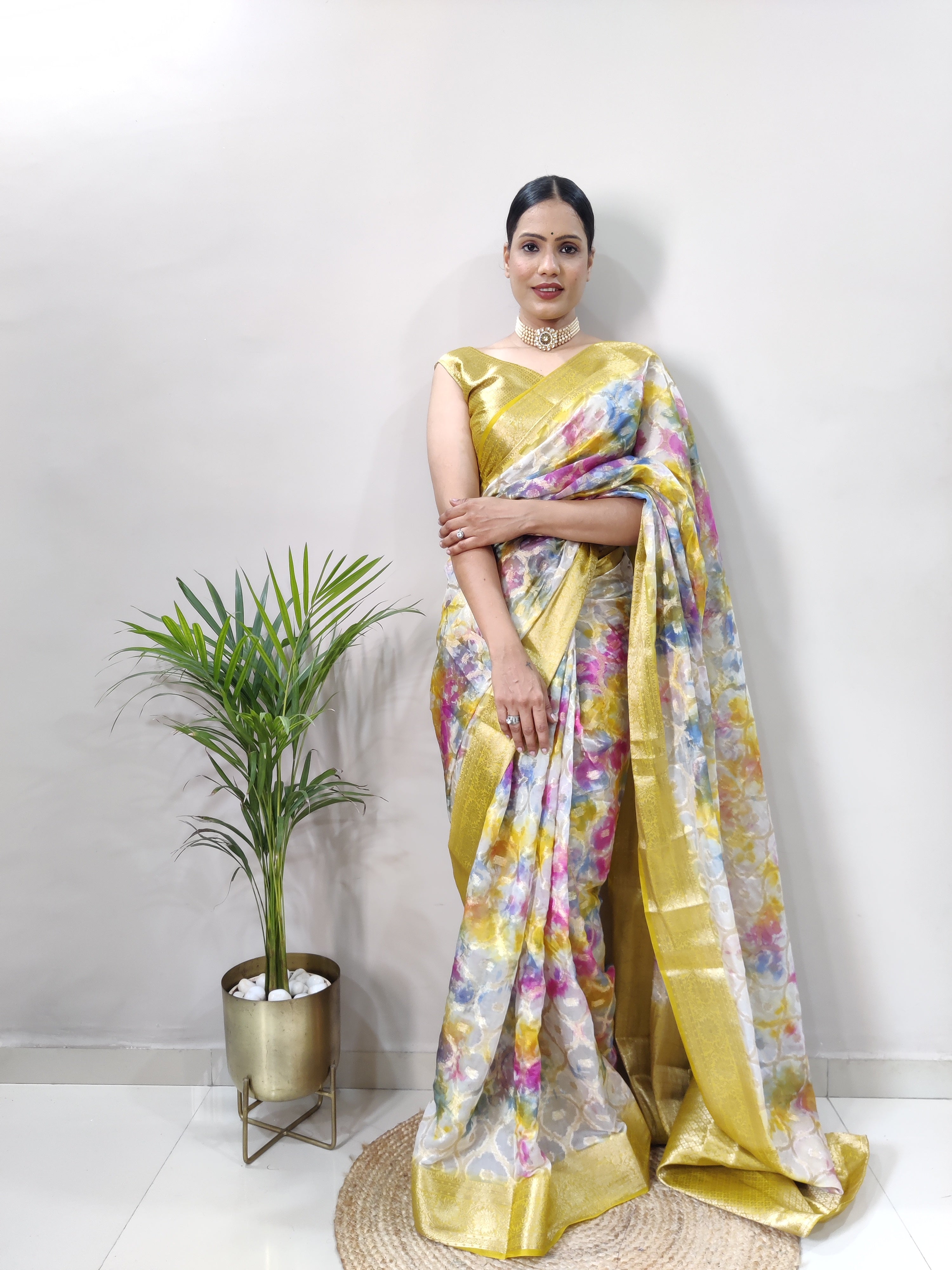 Multicolored 3D Print Banarasi Saree