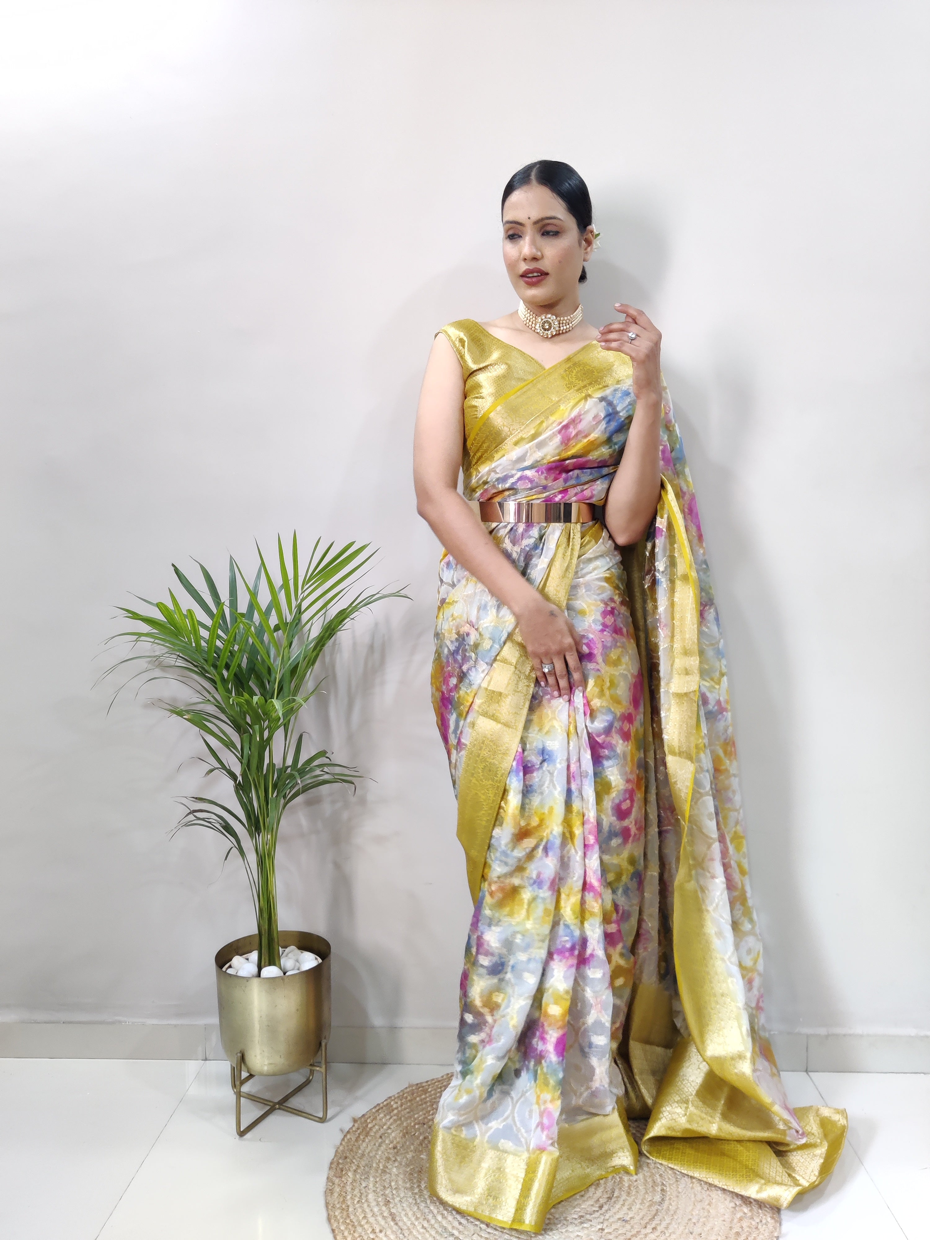 Multicolored 3D Print Banarasi Saree