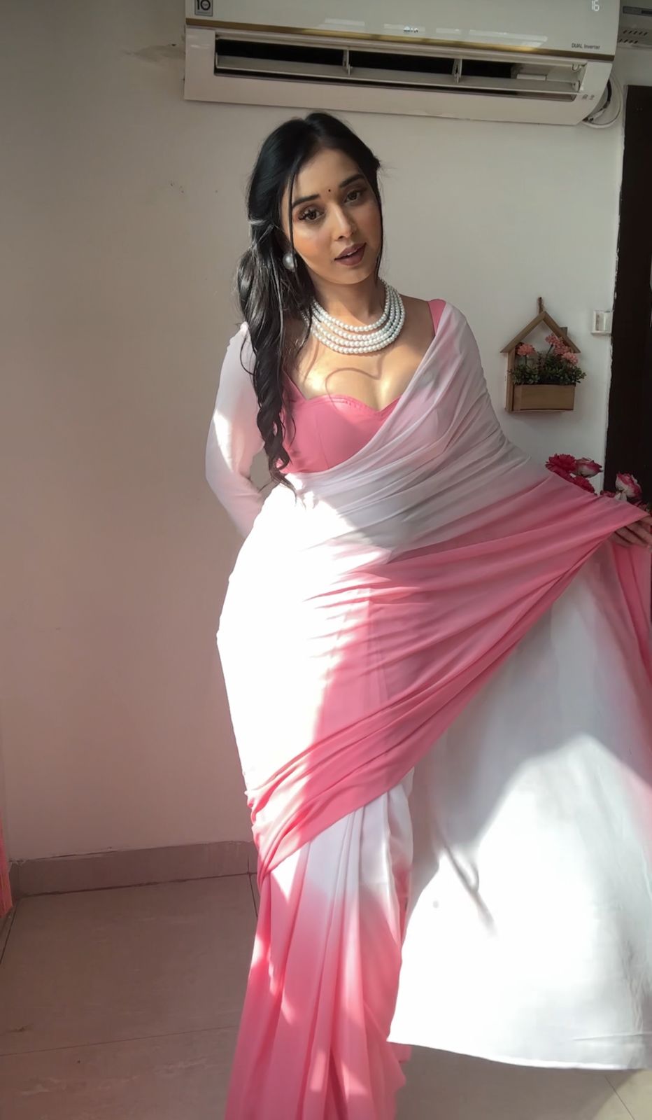 Pink White Saree