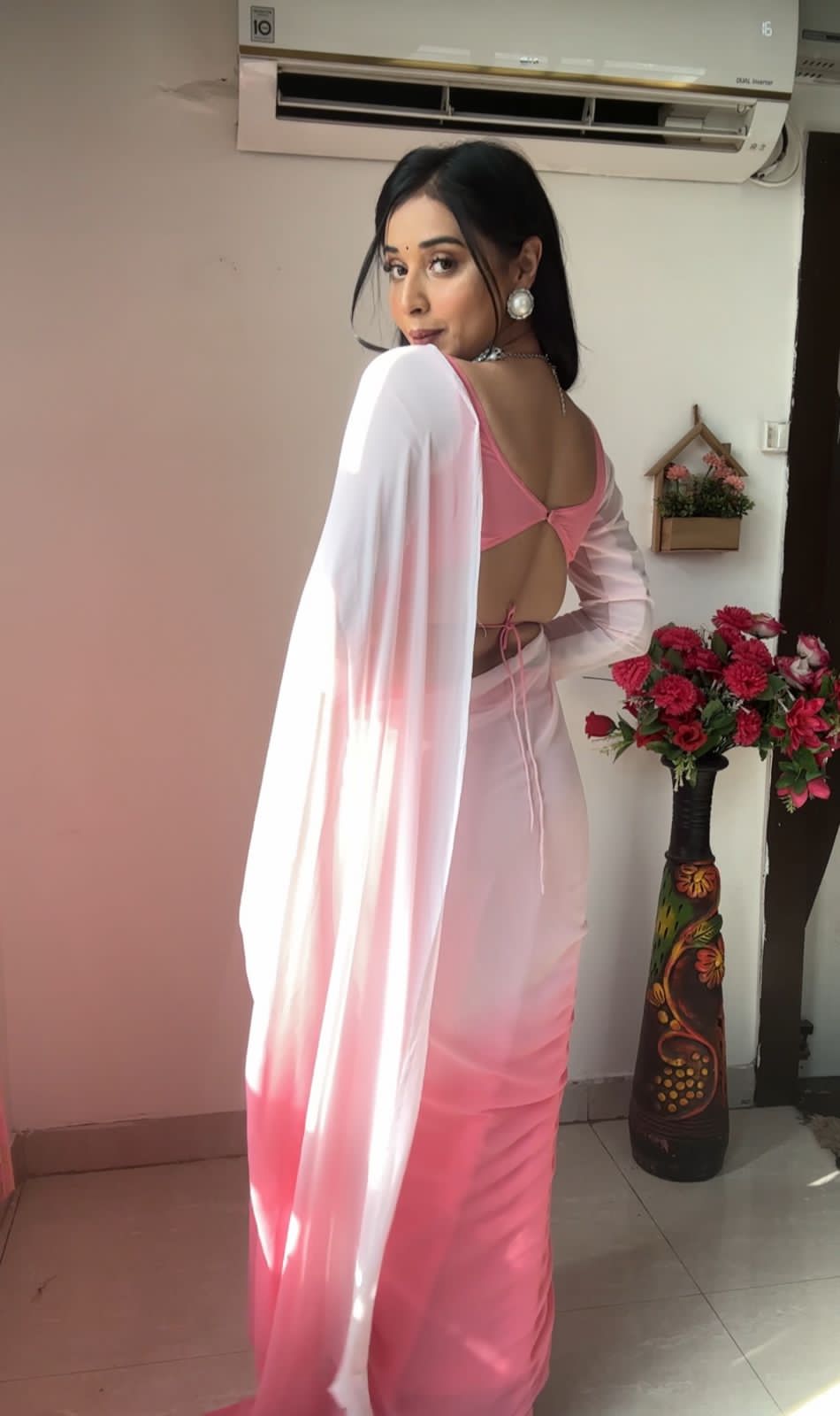 Pink White Saree