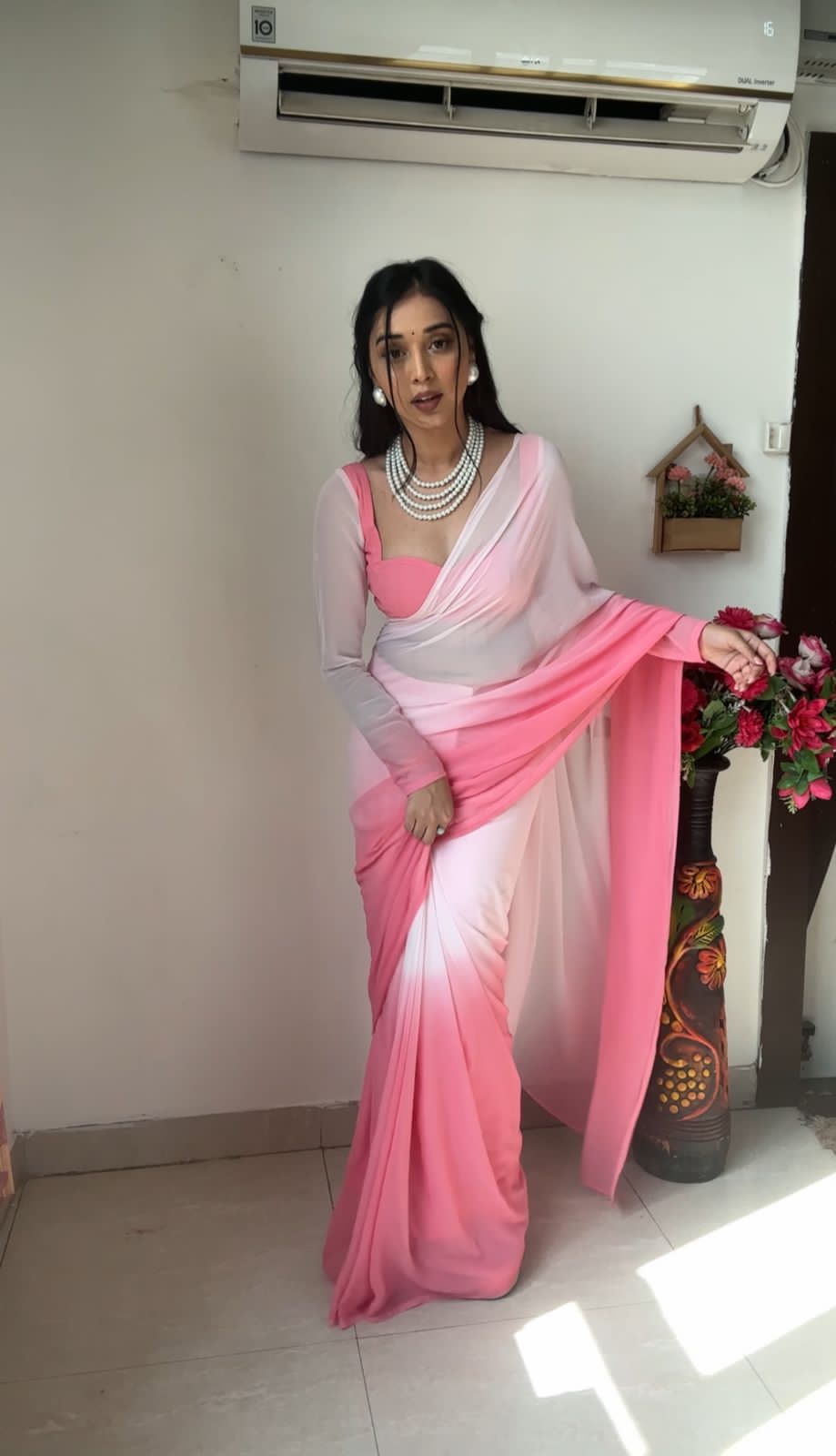 Pink White Saree