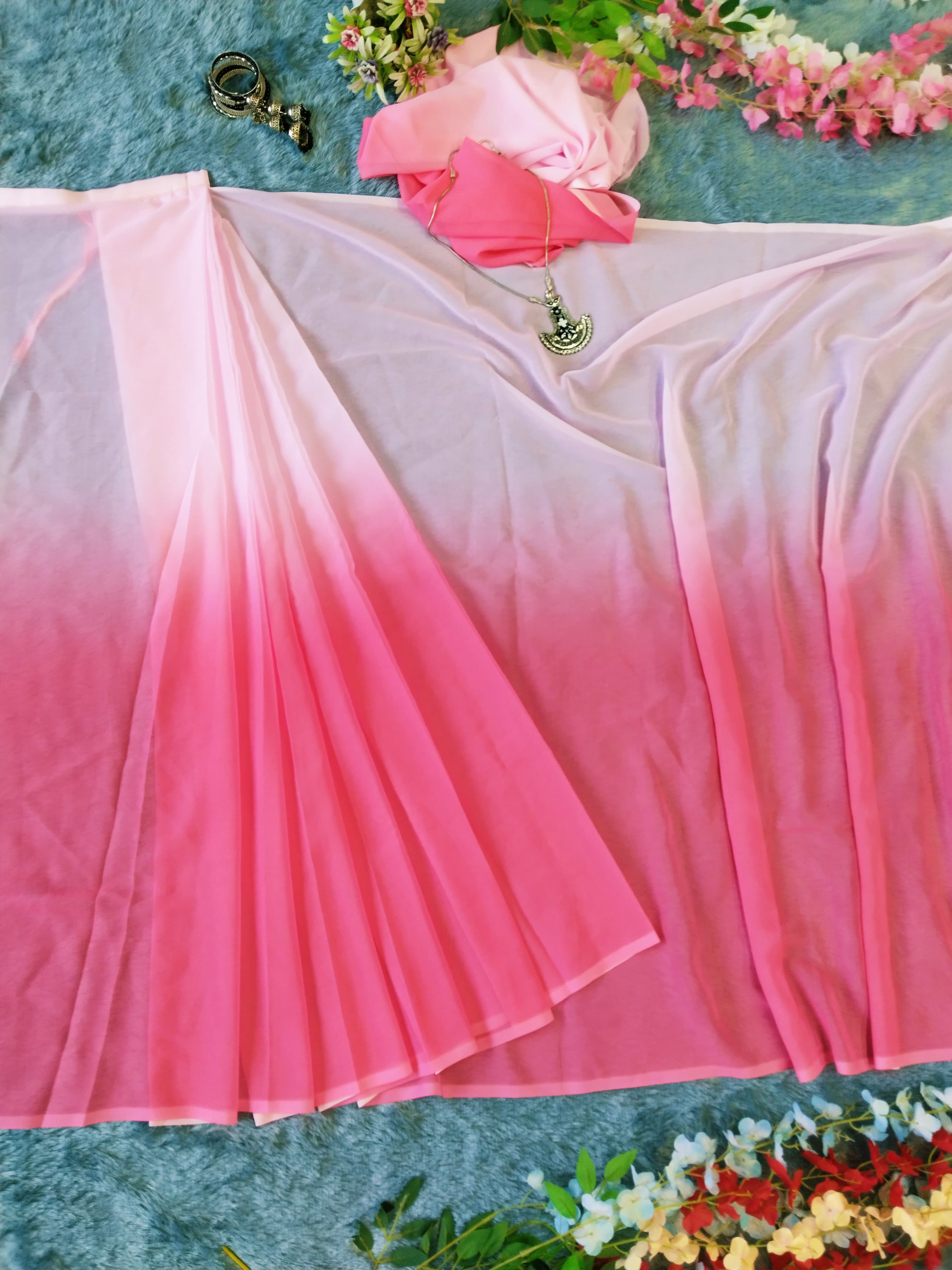 Pink White Saree