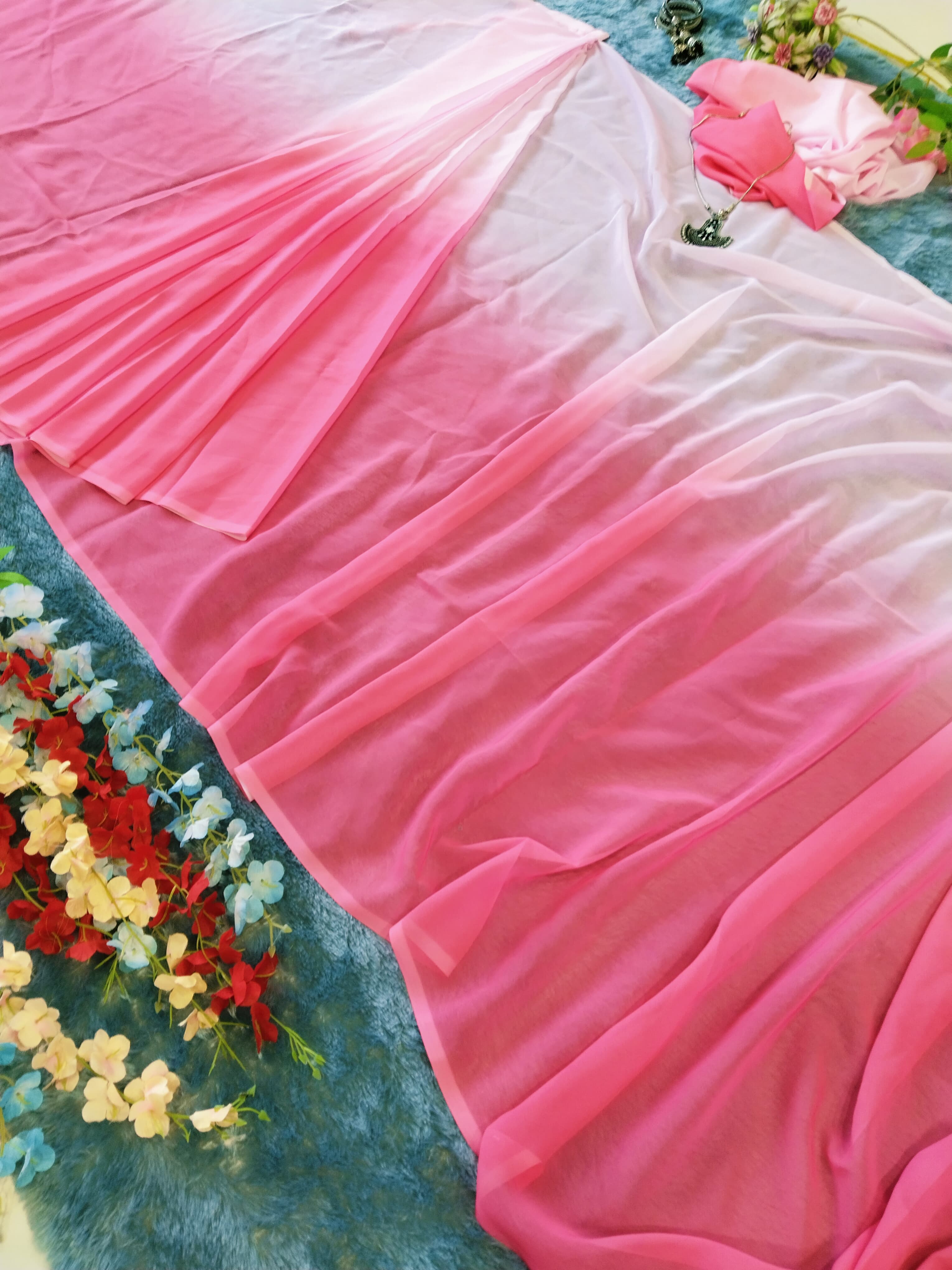 Pink White Saree