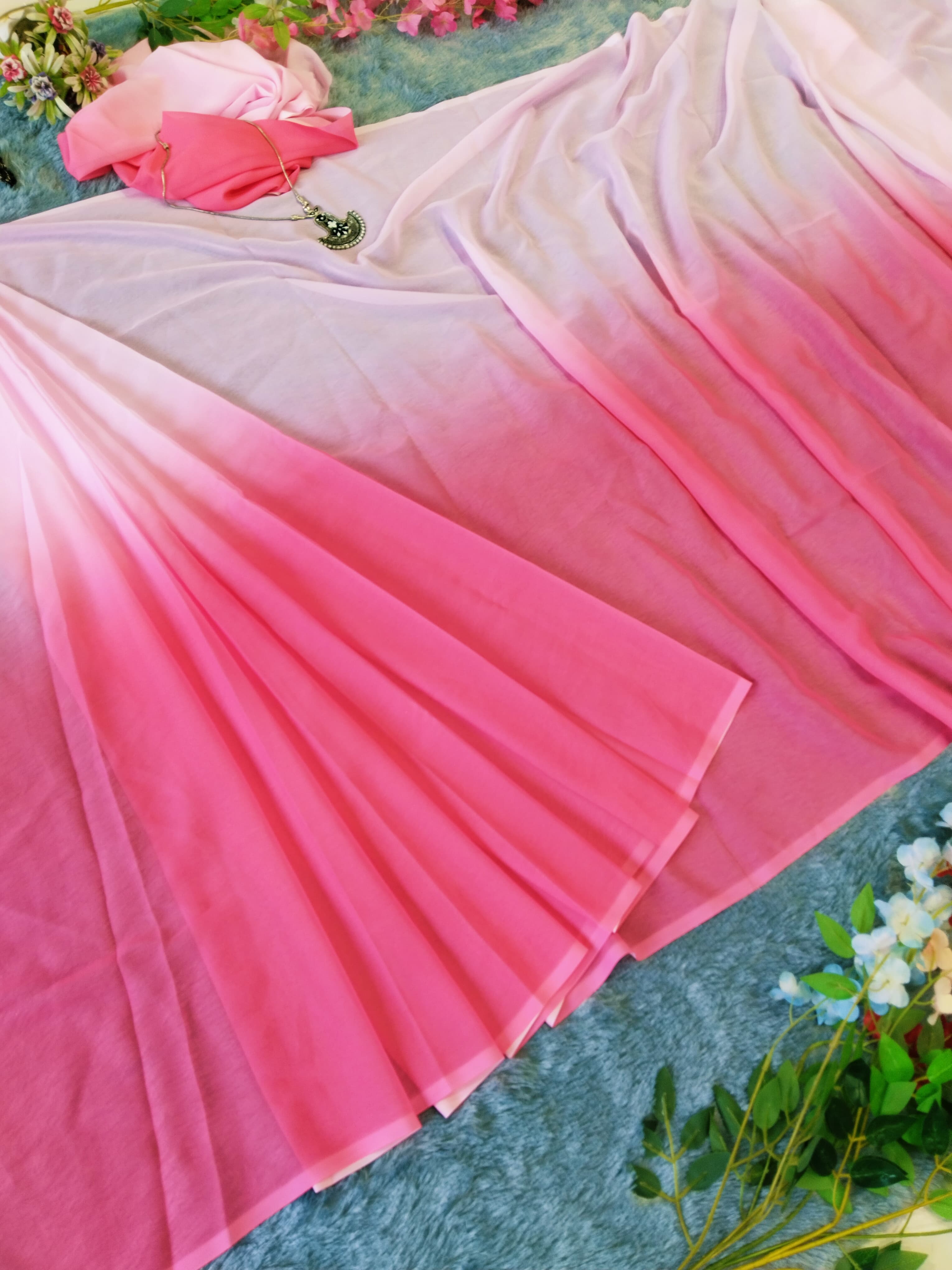 Pink White Saree