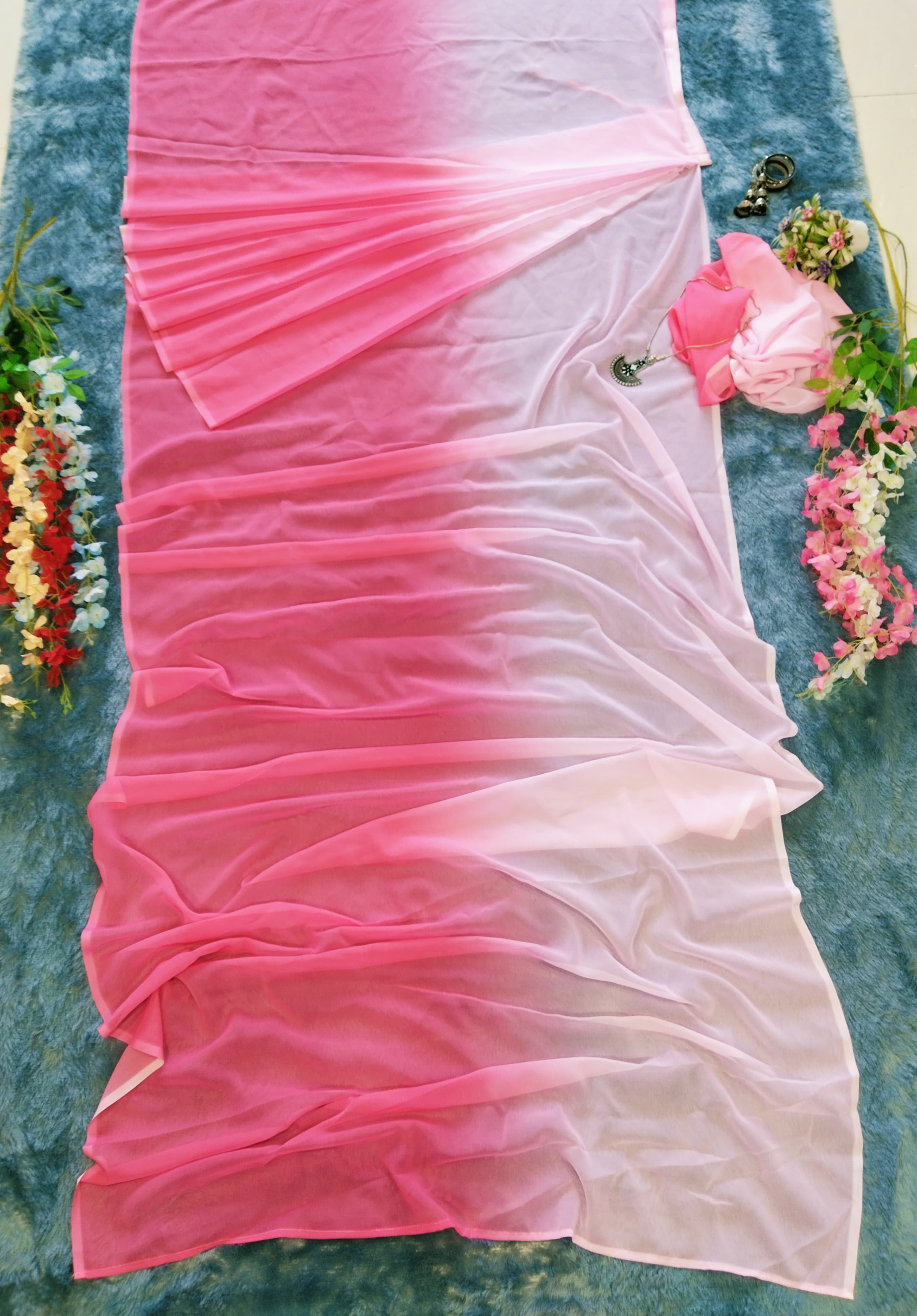 Pink White Saree