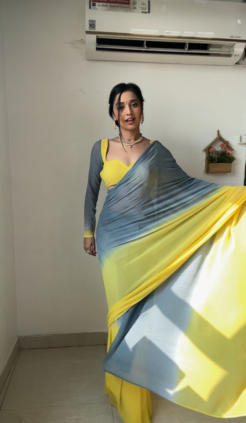 Grey Yellow Saree