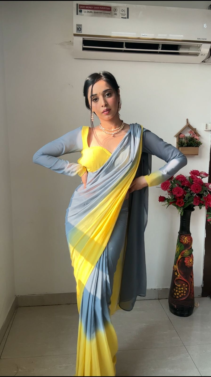 Grey Yellow Saree