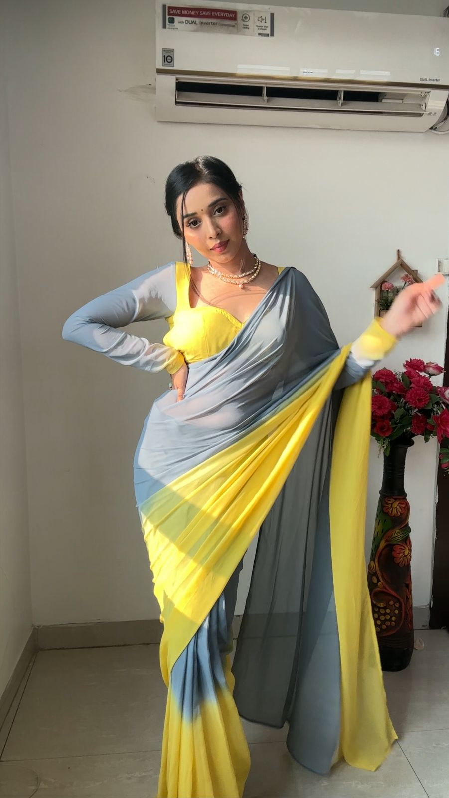 Grey Yellow Saree
