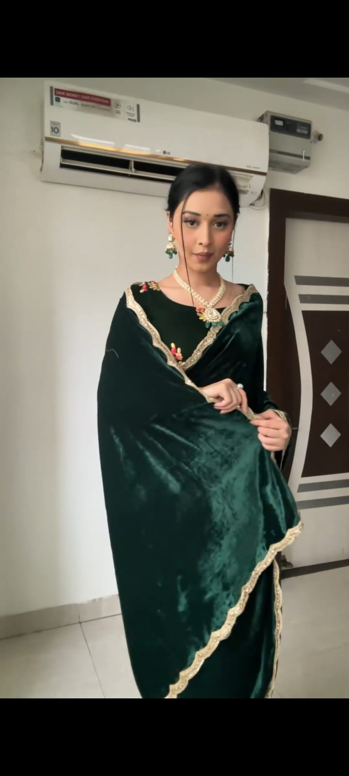 Bottle Green Velvet Ready To Wear Saree