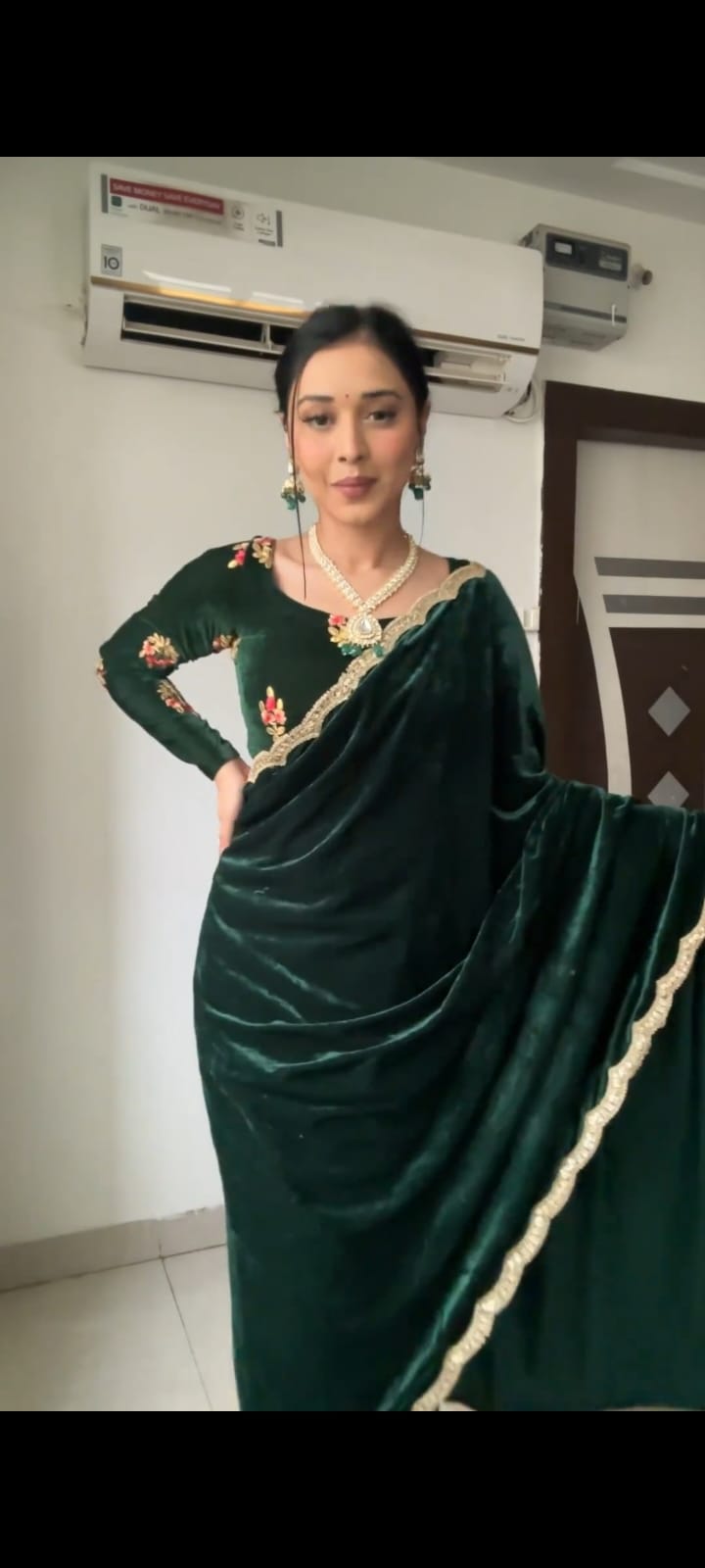 Bottle Green Velvet Ready To Wear Saree