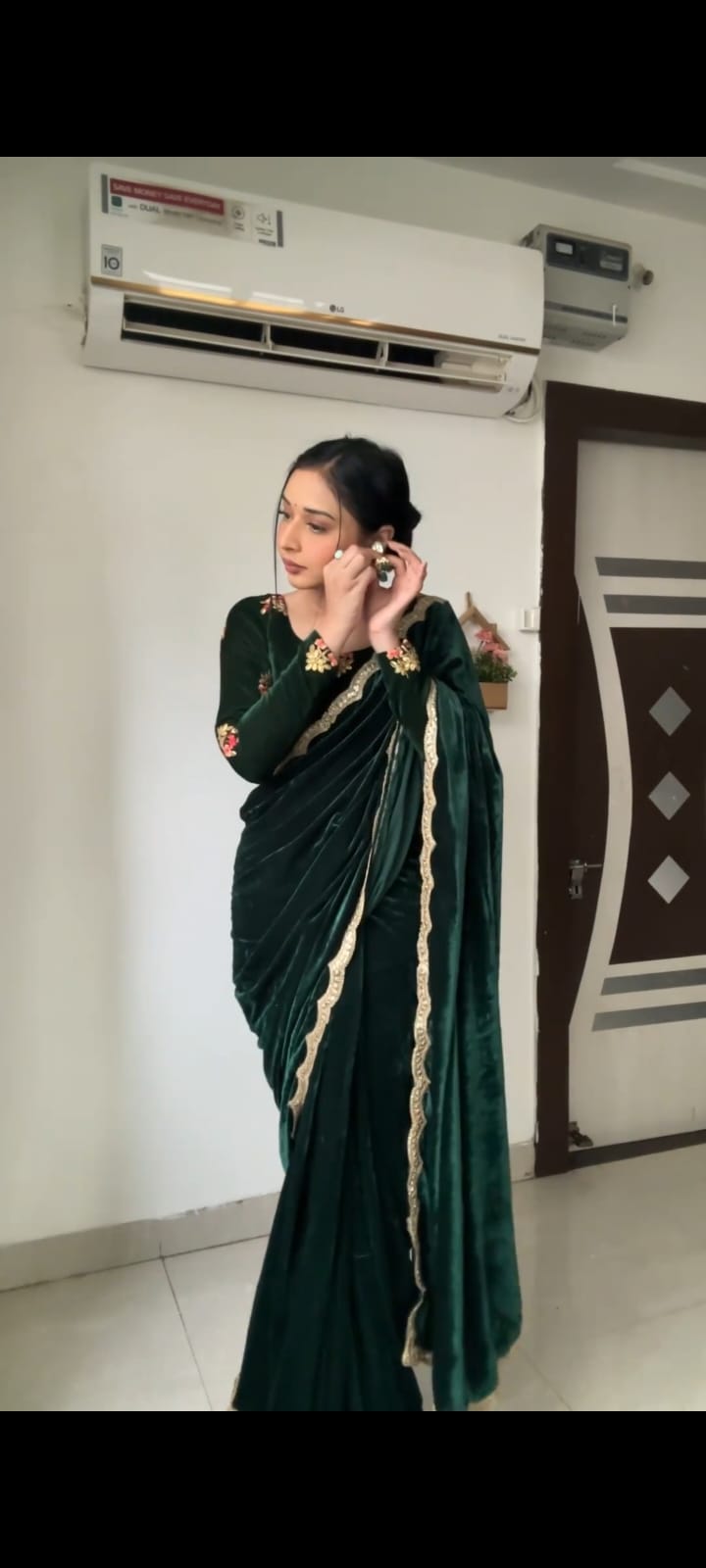 Bottle Green Velvet Ready To Wear Saree