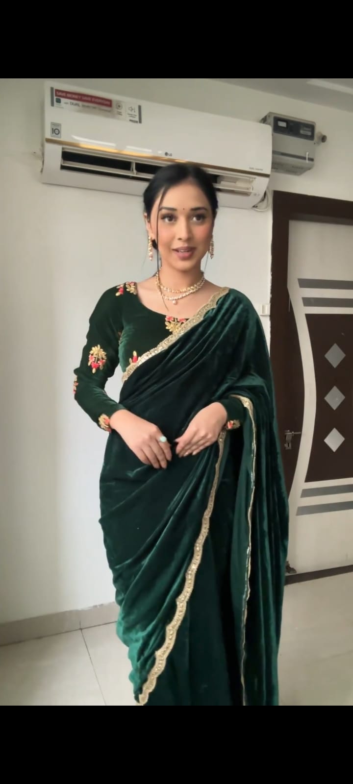 Bottle Green Velvet Ready To Wear Saree