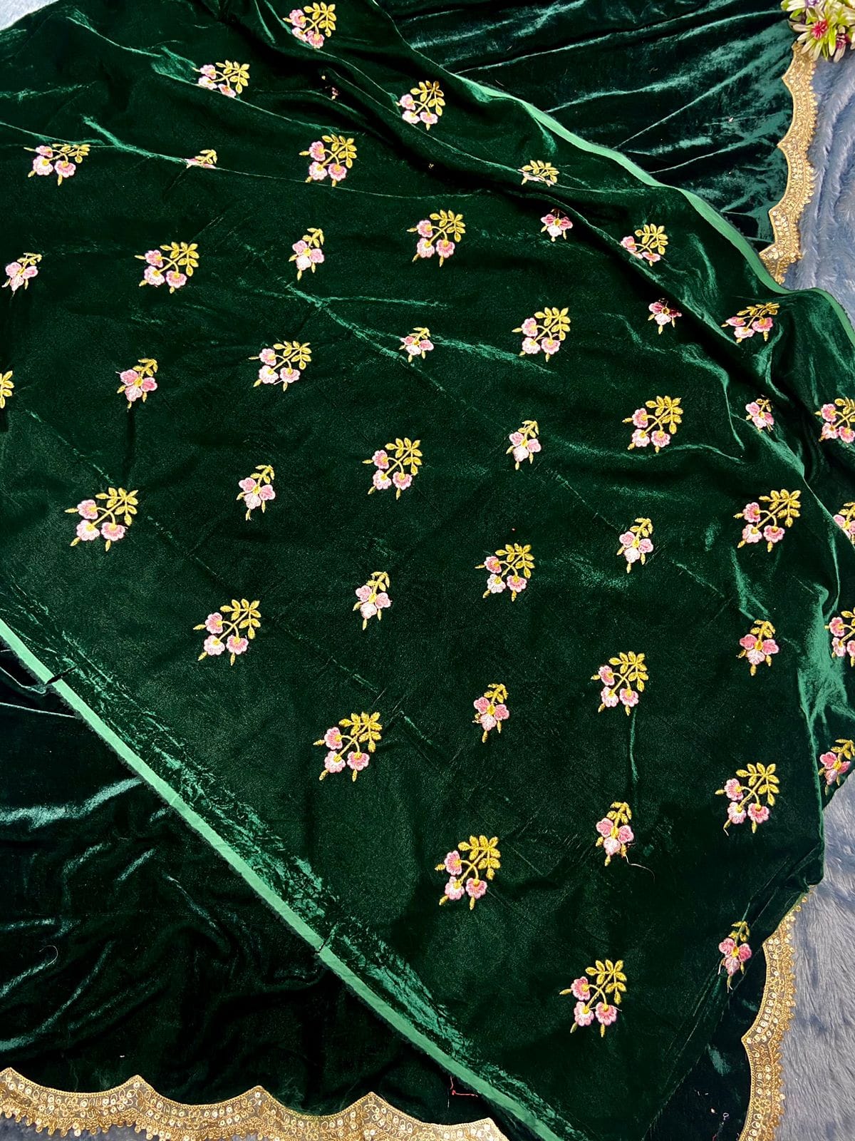 Bottle Green Velvet Ready To Wear Saree