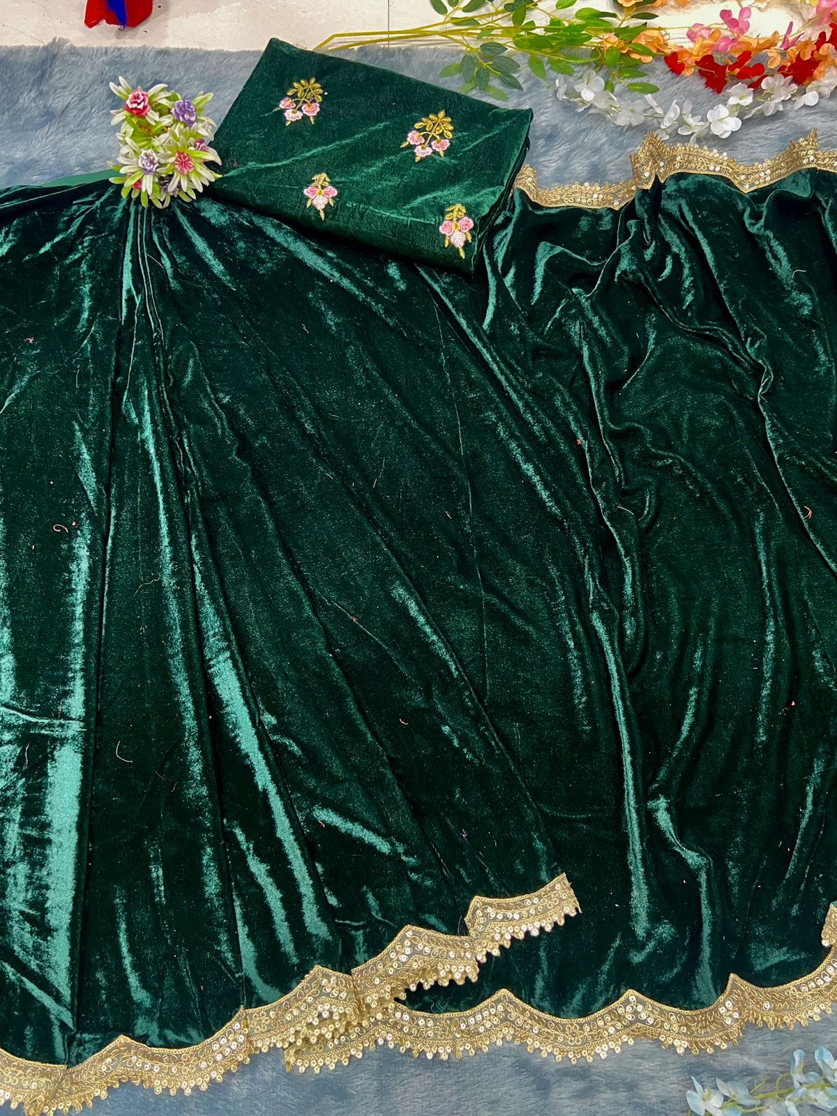Bottle Green Velvet Ready To Wear Saree