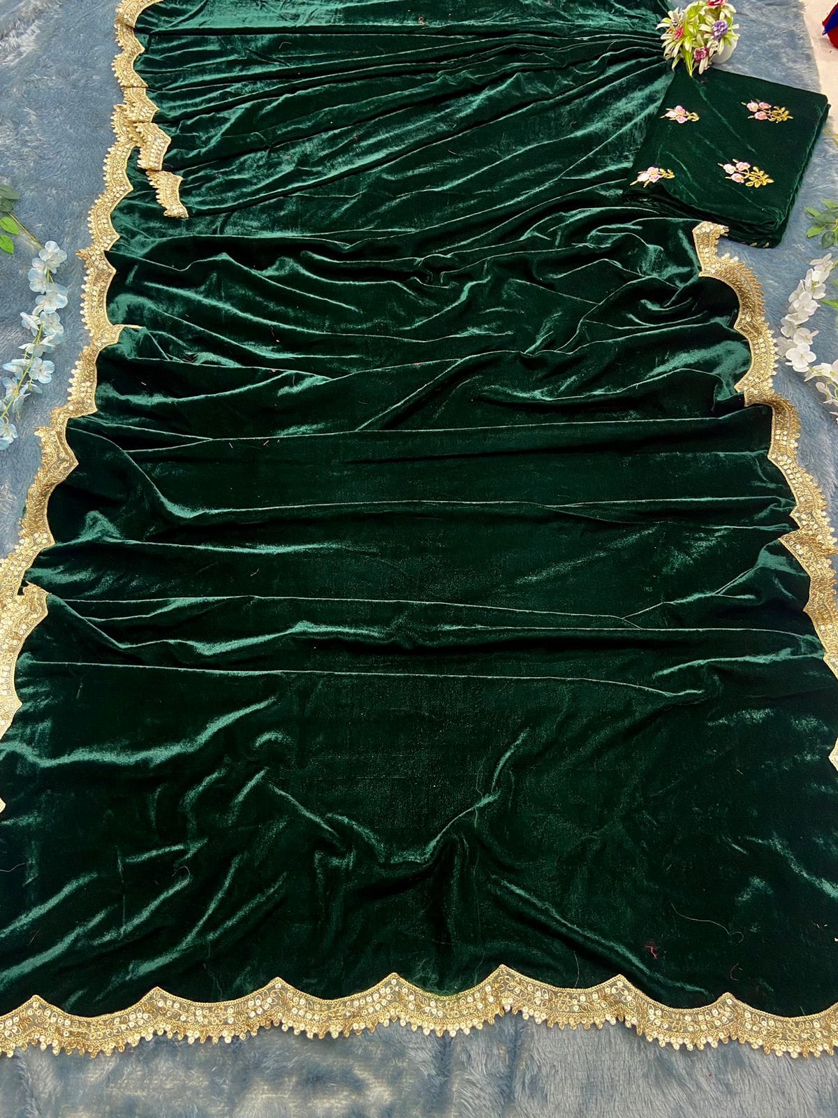 Bottle Green Velvet Ready To Wear Saree