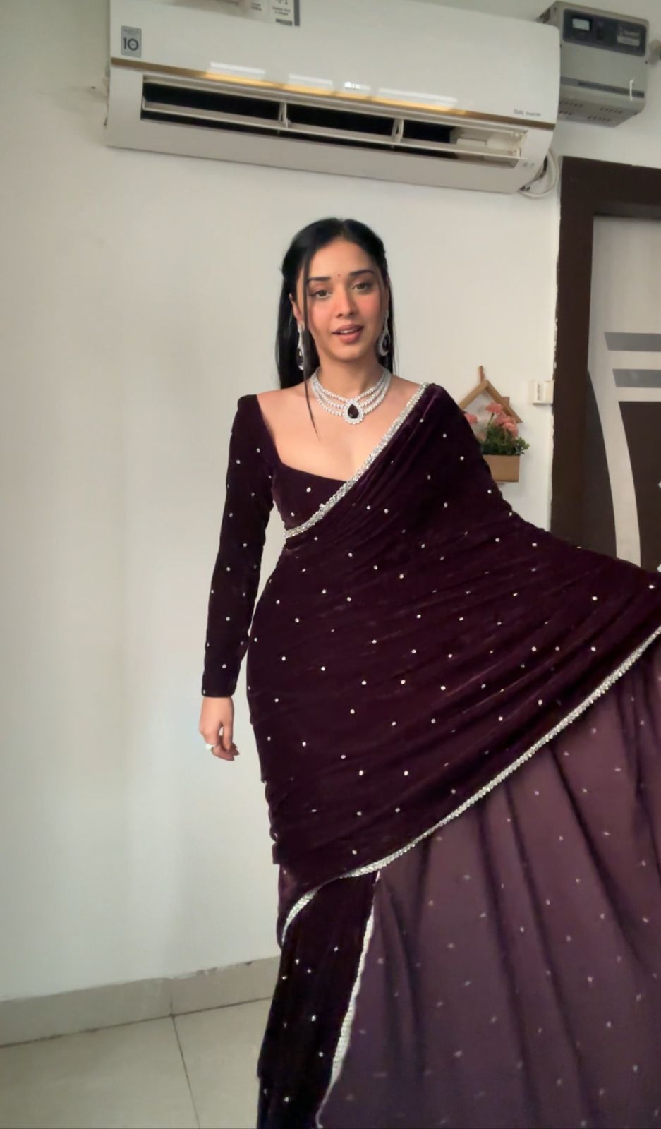 Beautiful Pearl Wine Drape Saree