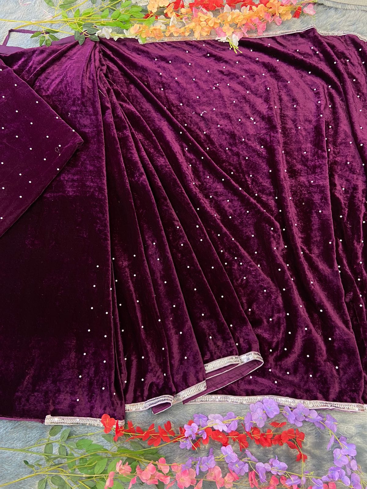 Beautiful Pearl Wine Drape Saree