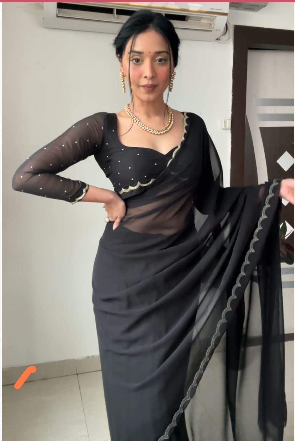 Black Handwork Saree With Stitched Blouse