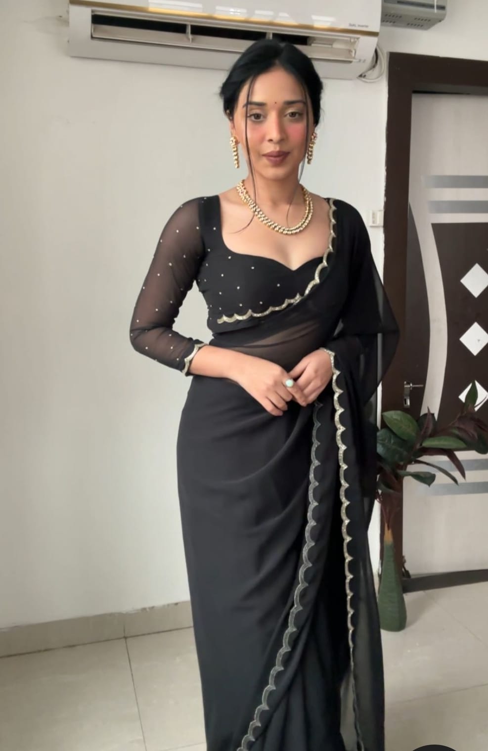 Black Handwork Saree With Stitched Blouse