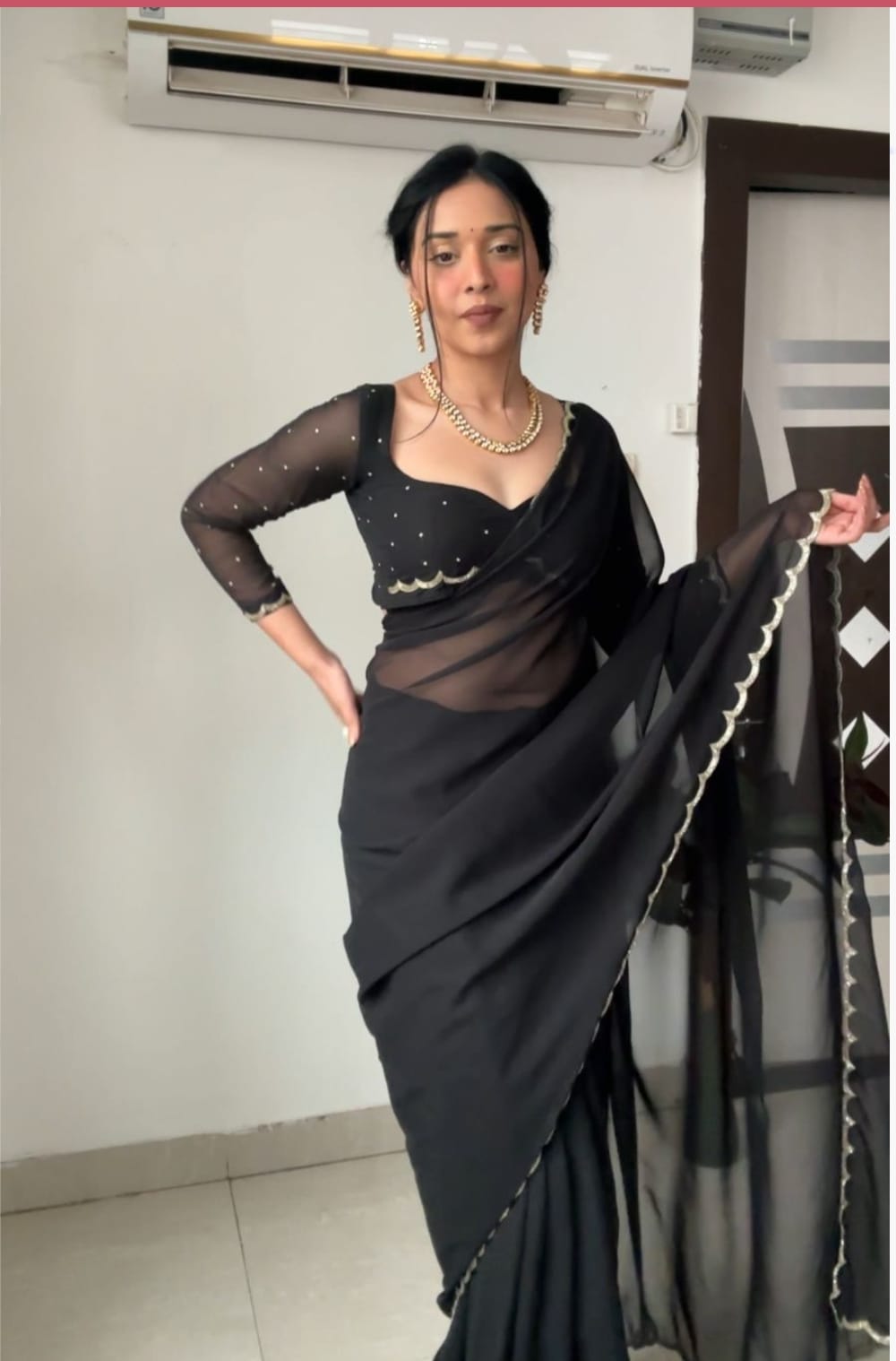 Black Handwork Saree With Stitched Blouse