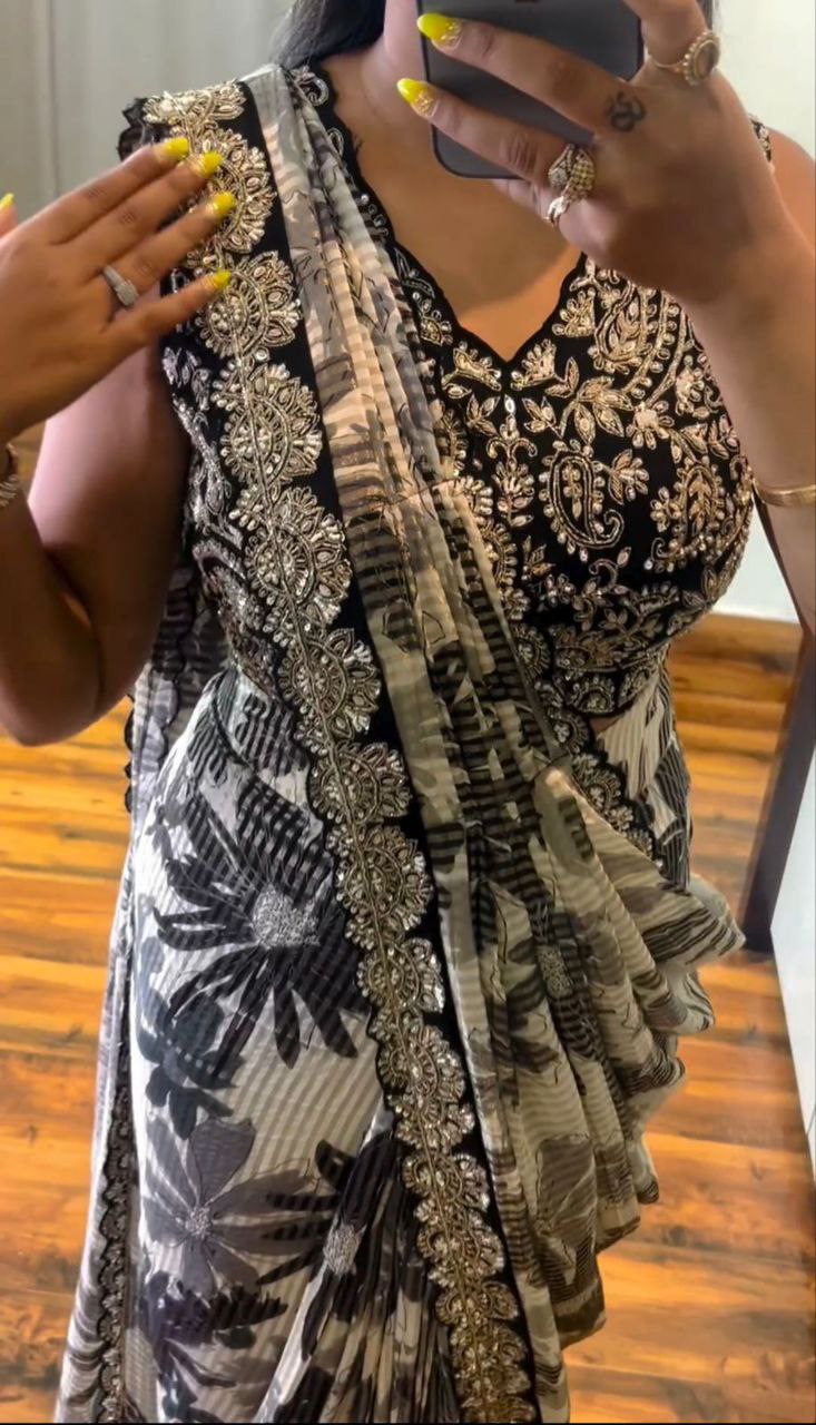 PRE DRAPE SAREE WITH FUL STITCHED BLOUSE