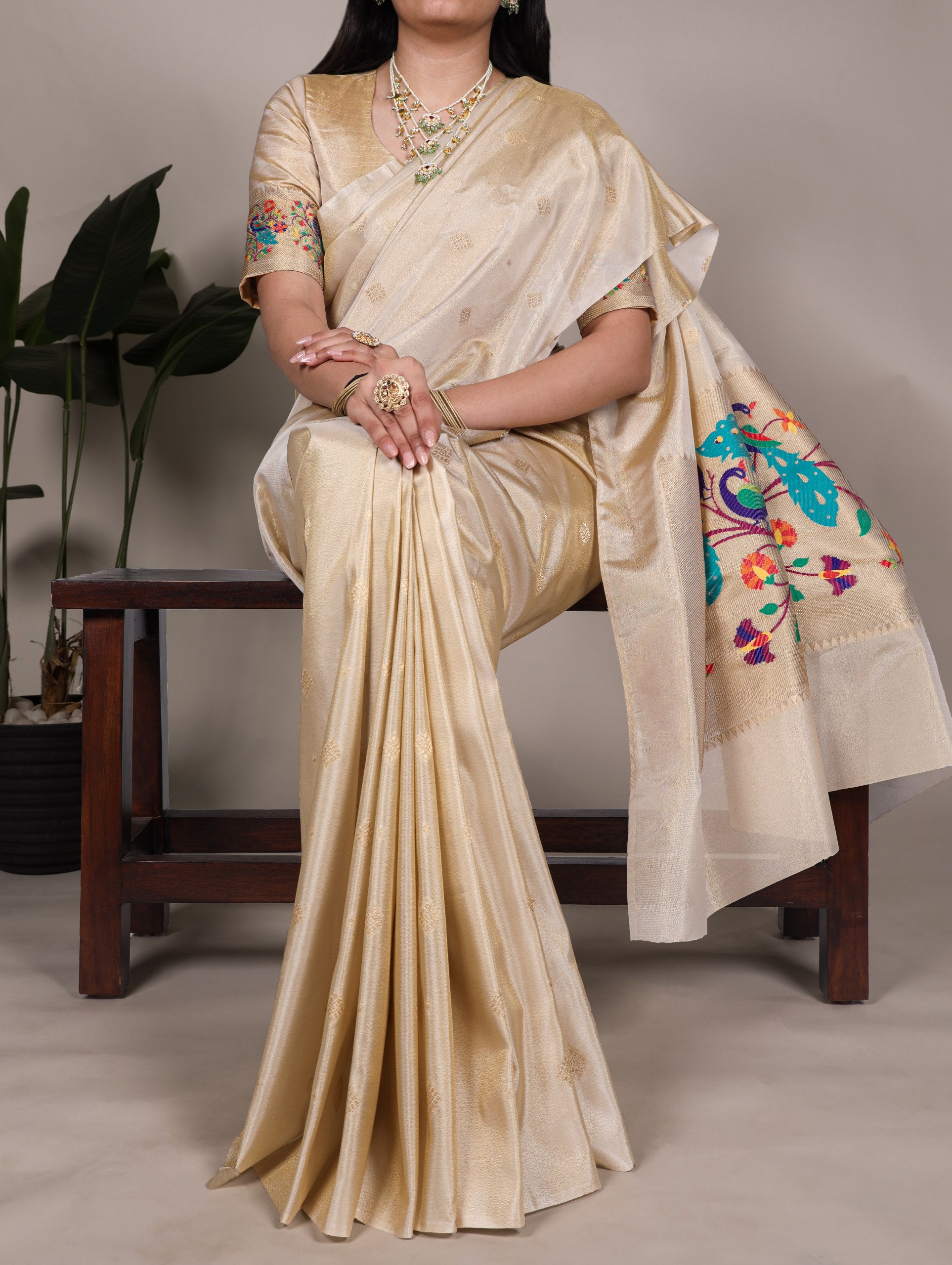 Perfect Saree for pujas, and celebrations – this tissue silk saree drapes like a dream and dazzles like gold